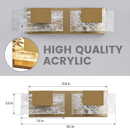 Miniatura 2 de Luz LED para tocador de baño 16 pulgadas, accesorios de iluminación modernos de acrílico dorado cepillado - 2 luces de pared de diseño contemporáneo