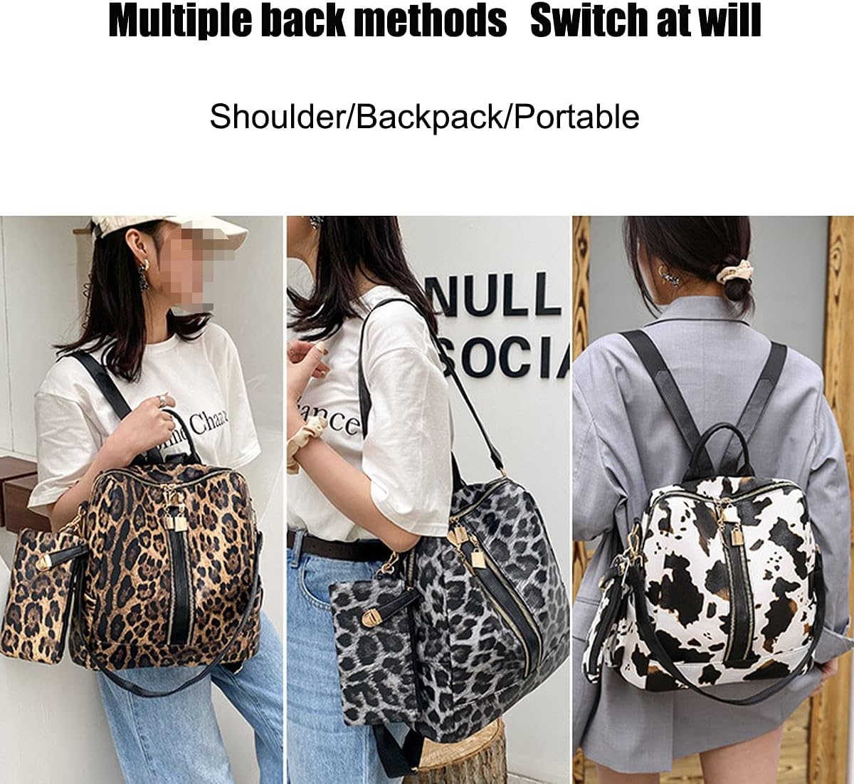 Women Backpack Purse Leopard Fashion PU Leather Designer Travel Bag Cow Pattern Ladies Shoulder Bags(White)
