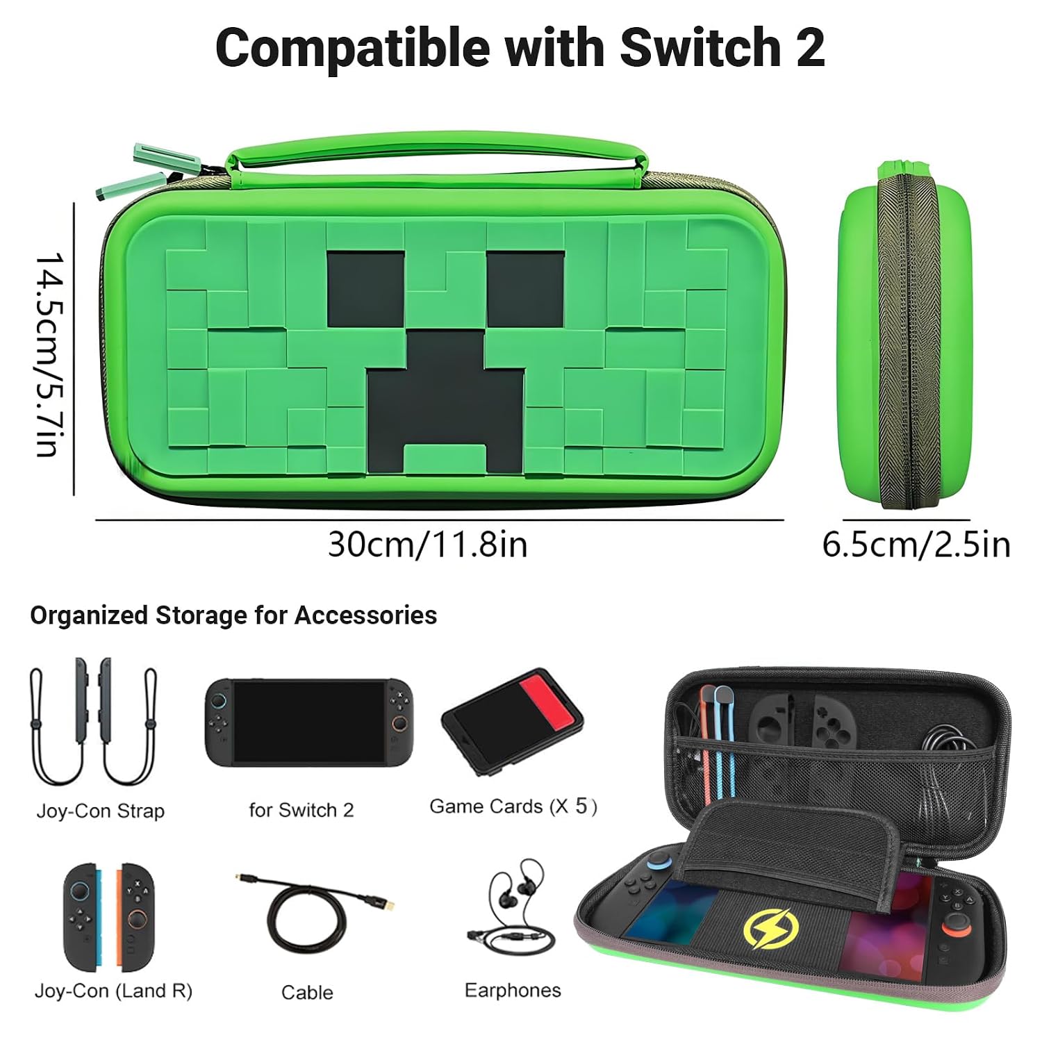 QUBAMG Switch 2 Carrying Case, Hard Shell Protective Carry Travel Case Compatible with Nintendo Switch 2 (2025) Pouch with Built-in Stand 5 Games Cartridges for Console & Accessories Green Pixel image 3