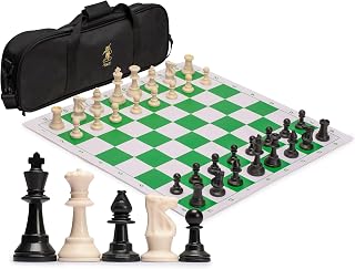Yellow Mountain Imports Regulation Tournament Roll-Up Staunton Chess Game Set (50-Centimeter) with Travel Bag, 2 Extra Queens, and Weighted Chessmen - Green