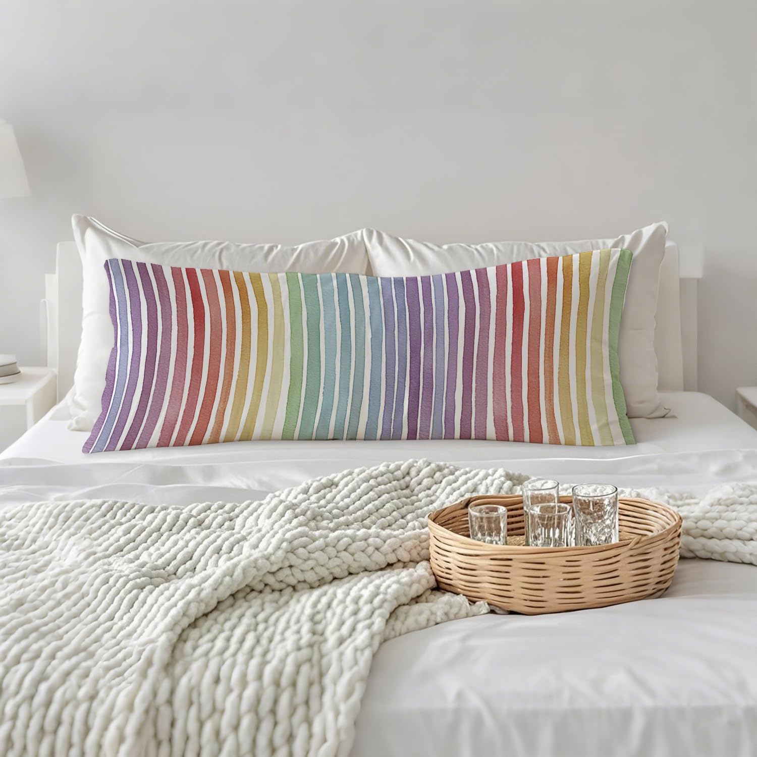 Boho Colorful Striped 20x54 Body Pillow Cover, Minimalist Boho Watercolor Rainbow Striped Decorative Long Body Pillow Cases for Kids Room Bedroom Home Bed Couch
