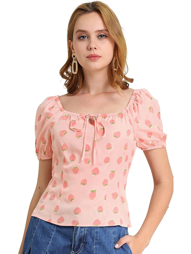 Allegra K Women's Puff Sleeve Cute Strawberry Fruit Printed