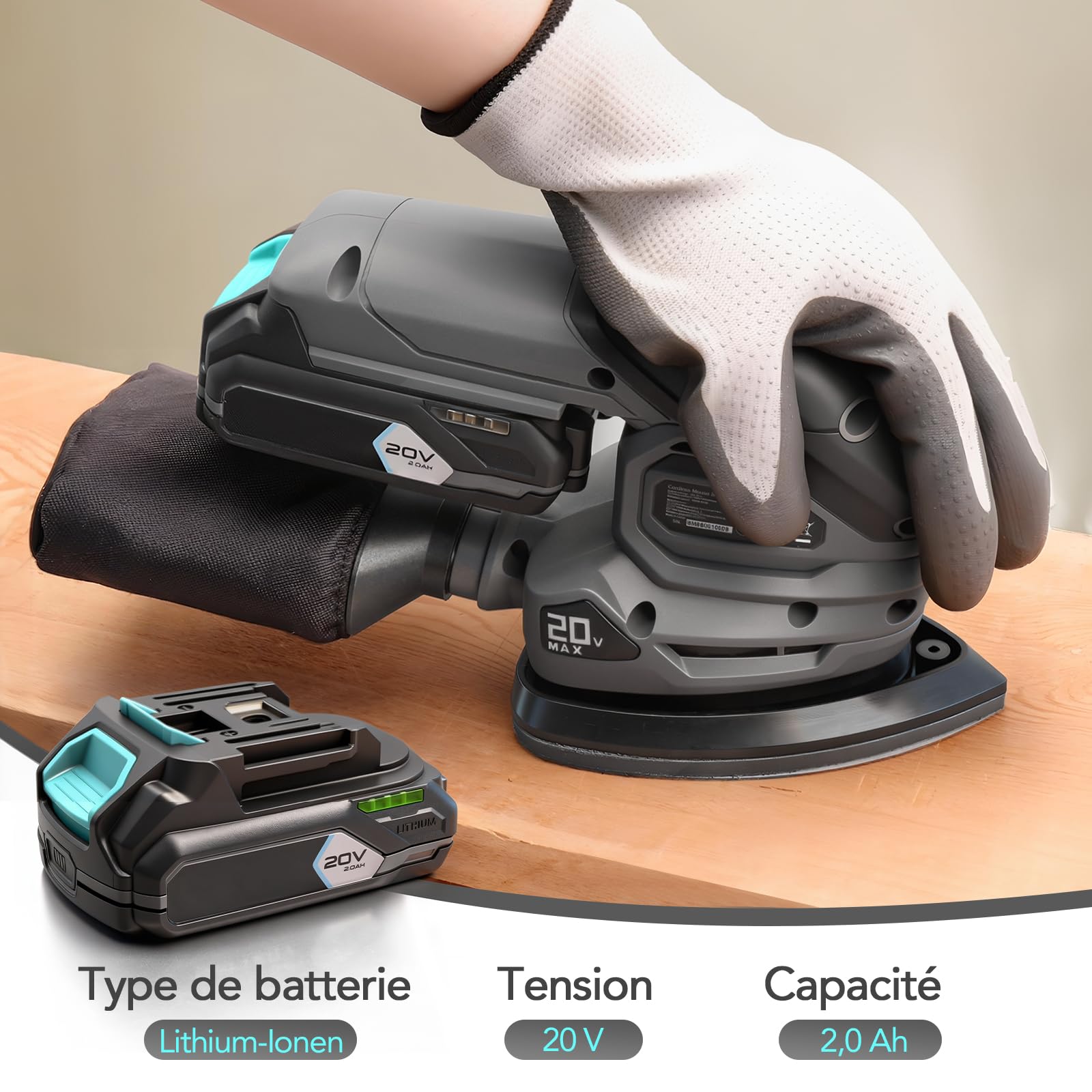 Ponceuse Triangulaire Sans Fil 20V, Mini Ponceuse Bois 12000 tr/min avec Sac à Poussière, 20 Feuilles Abrasives, Poignée Ergonomique, Batterie 2.0Ah et Chargeur Inclus,Ponceuse Murale