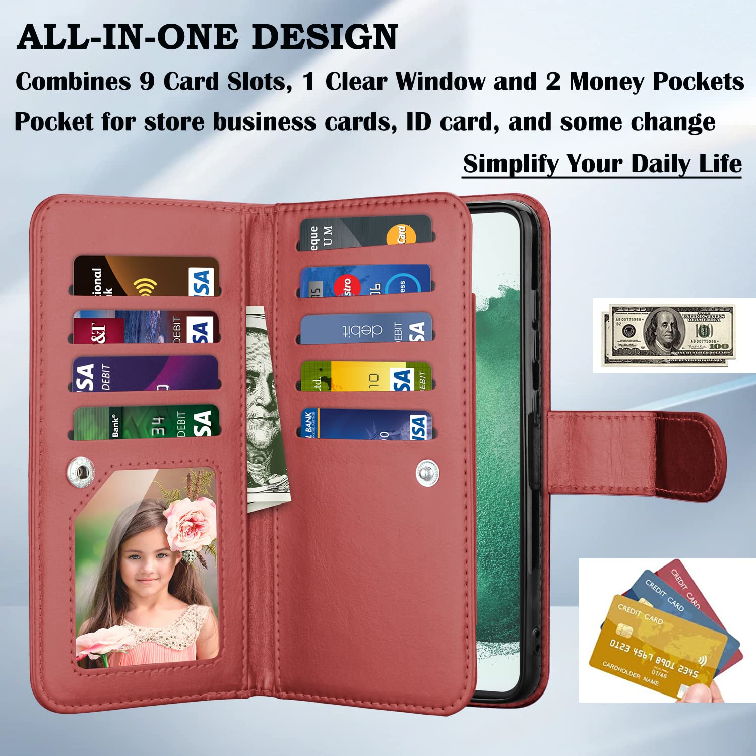 Takfox Wallet Case for Samsung Galaxy S22 Plus, Galaxy S22 Plus Case, PU Leather Credit Card Holder Phone Case [9 Card Slots] Folio Flip Detachable Magnetic Cover Kickstand & Carrying Strap-Wine Red