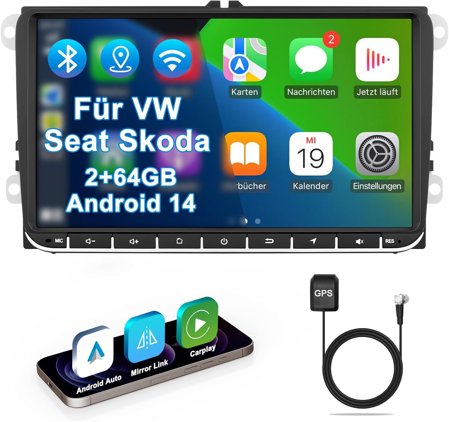 VW Autoradio mit Bildschirm 2+64GB für Golf 5 6 Polo T5 Passat Touran Seat Skoda, 2Din Bluetooth Auto Radio mit Navi DAB WLAN FM/AM, Apple Carplay, Android Auto, Lenkrad Strg,Android 14 (9 Zoll)