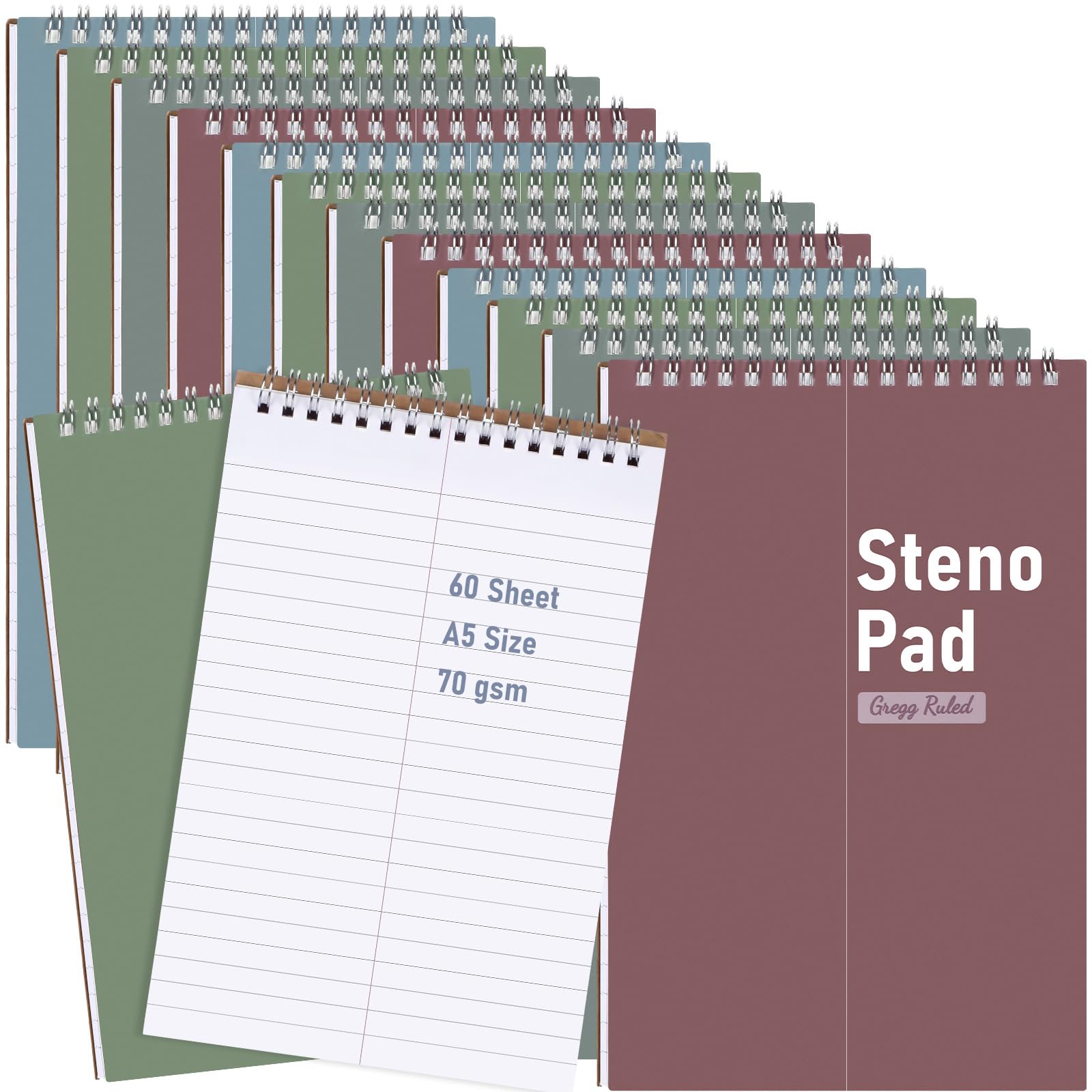 Eaasty 12 Pack Steno Pads Bulk, 6" x 9" Spiral Steno Notebooks Morandi 4 Colors, Gregg Ruled for Note, 60 Sheets/120 Pages Each, 70gsm Paper, Take Notes for School, College, Work, Office, Home