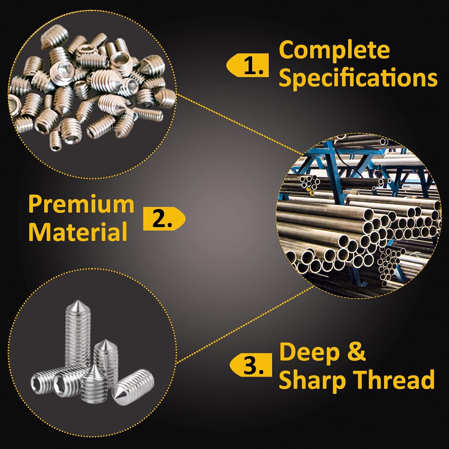 Cone Point Set Screws 48 Pcs (M3,M4,M5,M6) Hex Head - Metric 304 Stainless Steel Grub Screws Assorted Sizes Ideal for Home Repairs, Bathroom Fixtures and More