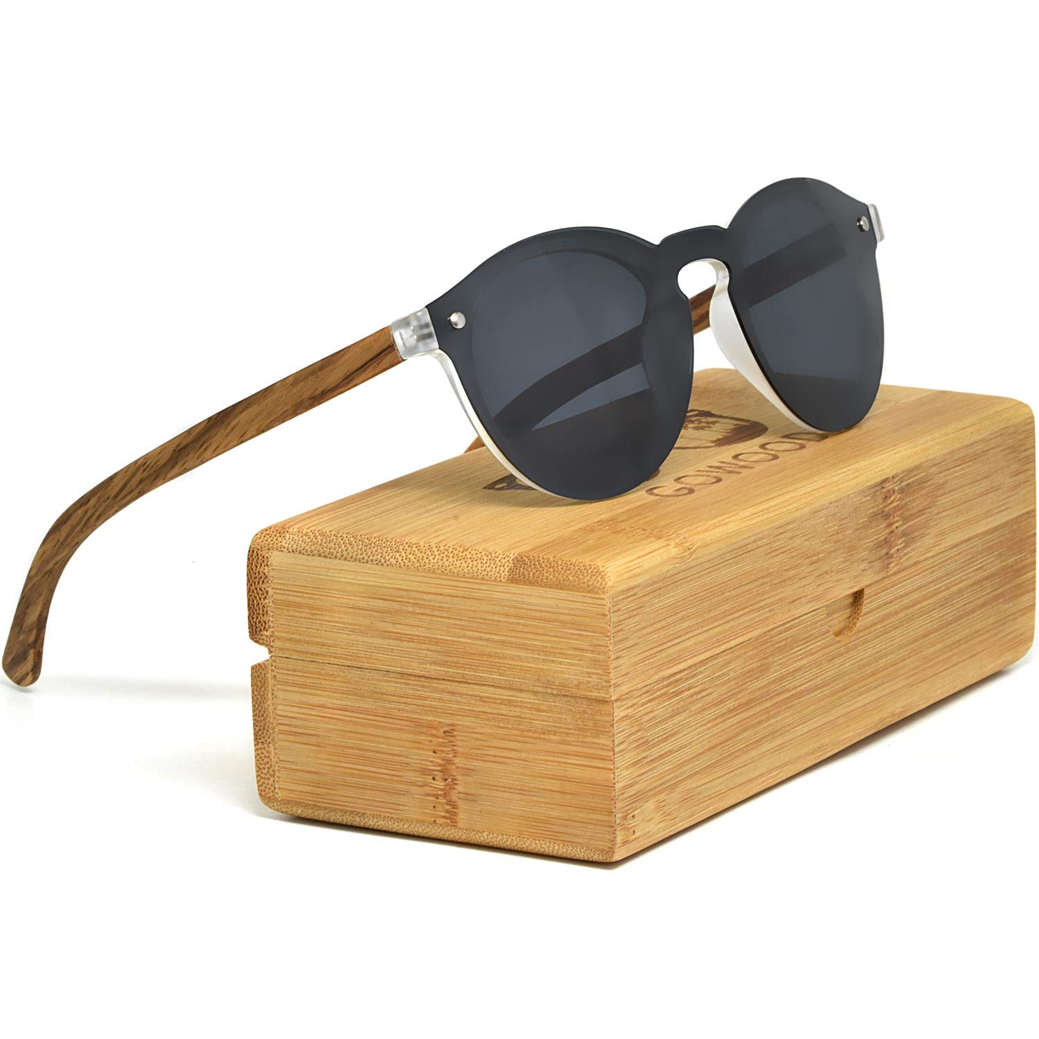 GOWOOD Holz Runde Sonnenbrille für Herren und Damen mit spezieller einteiliger schwarz polarisierter Linse