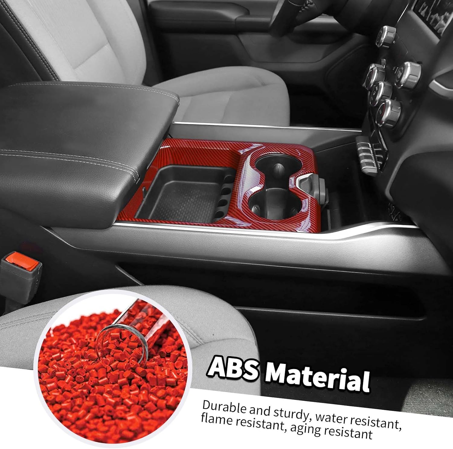 Jimen Compatible with Dodge Ram 2018-2025, Middle Console Front Cup Holder Panel Cover Interior Trim Accessories (Red Carbon Fiber)