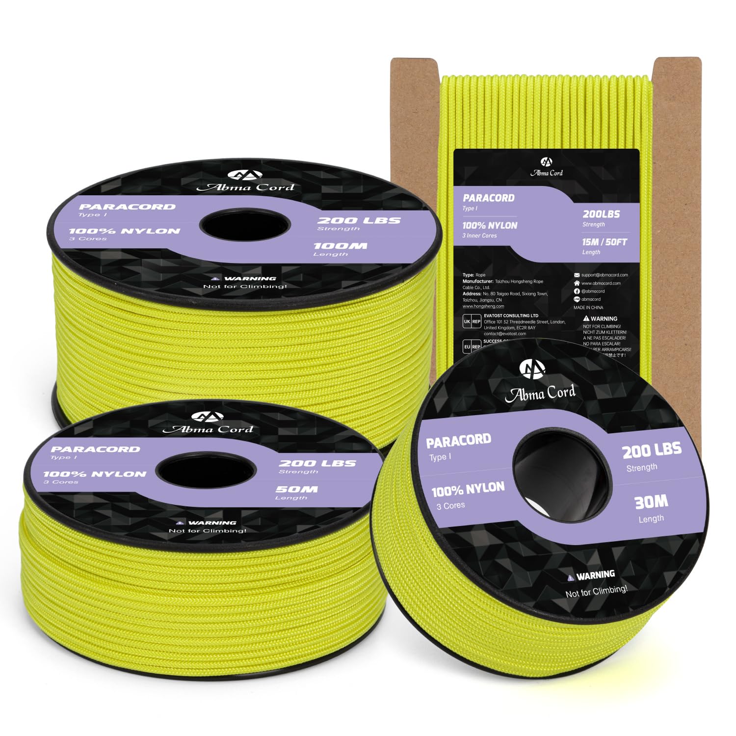 Abma Cord 2mm Paracord 50m Nylon Rope 3 Strands Type I Cord for DIY, Camping, Outdoor - Max. 90kg (200lbs) - Neon Yellow