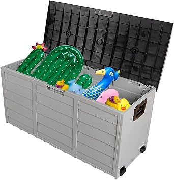 75 Gallon Outdoor Deck Box, Waterproof Storage Box with Wheels, Lockable Wheels, Patio Storage Box Storage, Resin Structure for Garden,Patio (Gray)