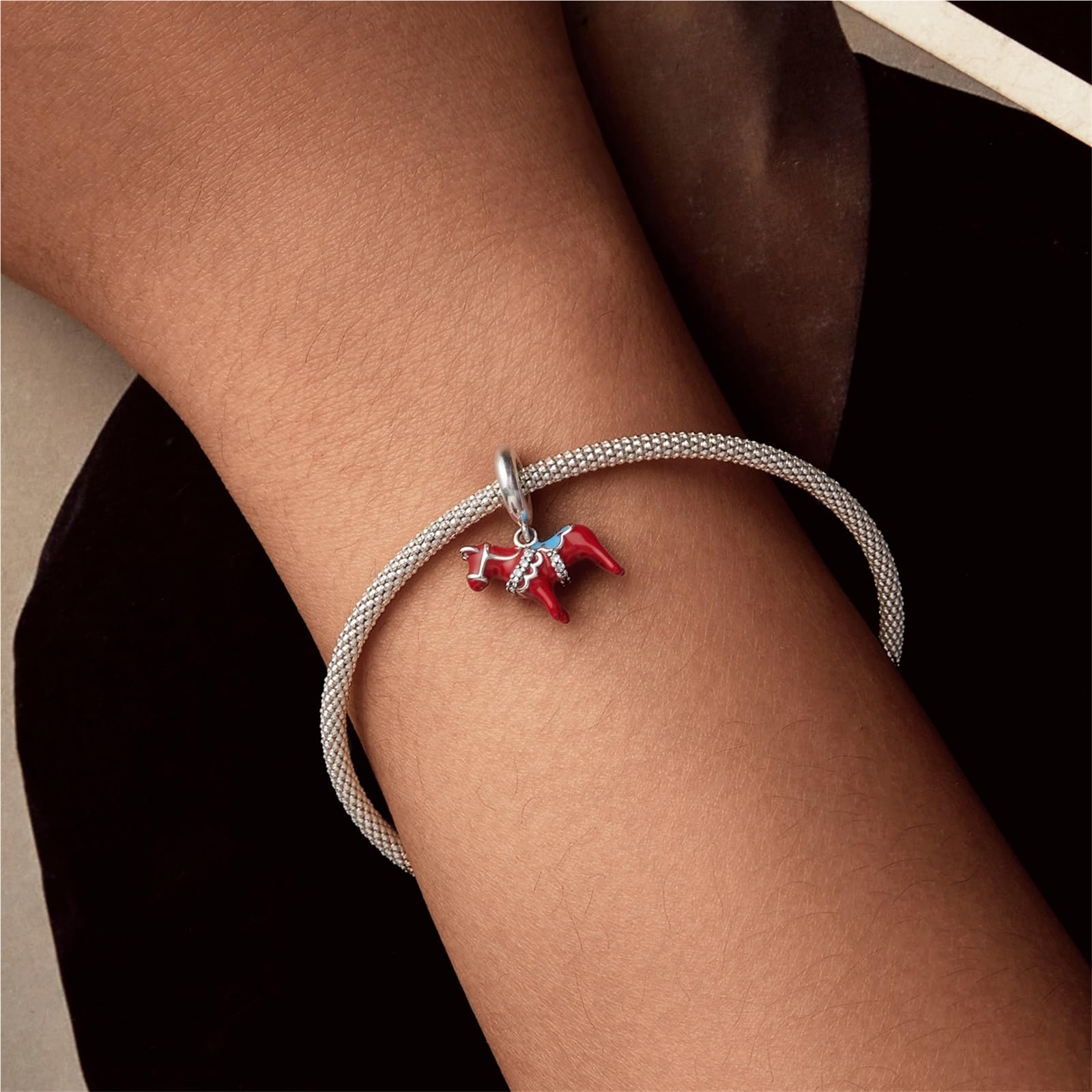 ZUOHUI Dije de caballo Dala sueco de plata esterlina S925 - Cuenta DIY oxidada roja con circonita 3A, compatible con joyas Pandora, Biagi, Troll y Chamilia