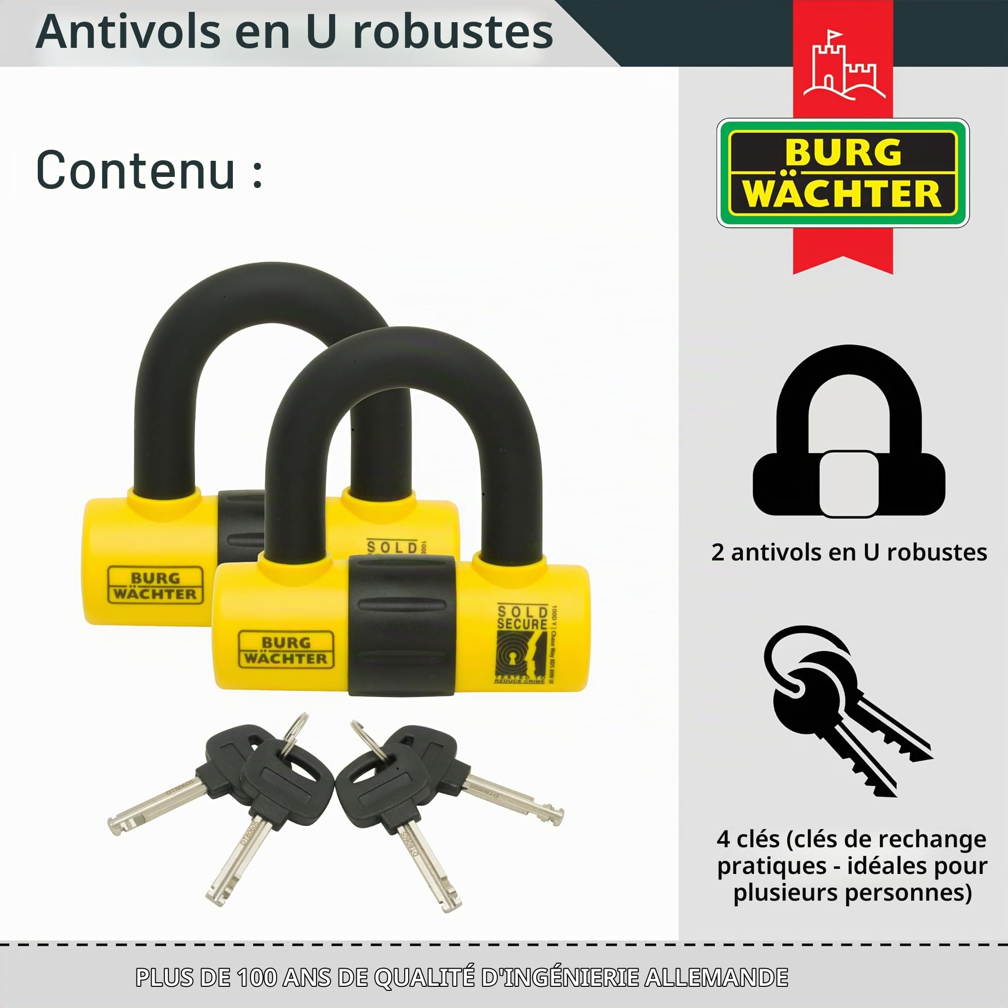Burg Wächter 100D Y Duo Lot de 2 cadenas en U avec clés identiques pour moto Jaune