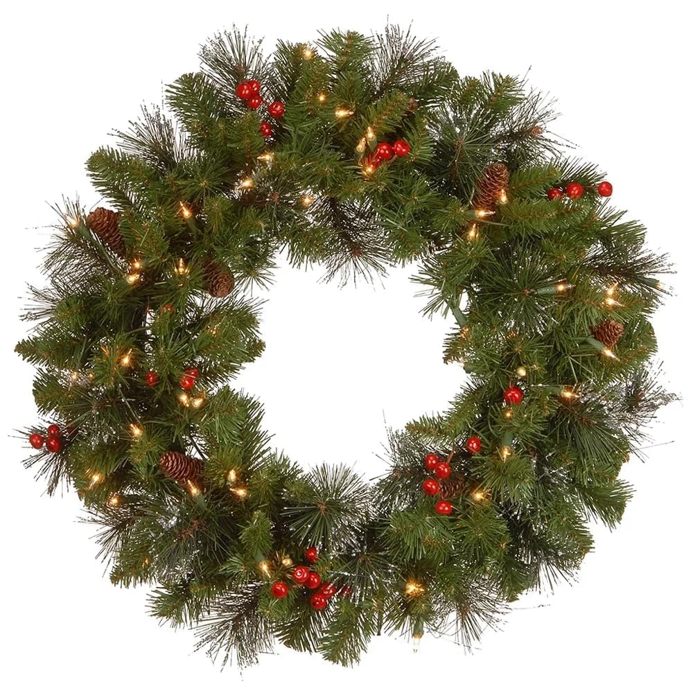 ASTRAEA 24 Inch Pre-Lit Artificial Christmas Wreath - Christmas Wreaths for Front Door with 50 LED Lights, Artificial PineCones Red Berries Ornaments Christmas Holiday Decoration for Indoor Outdoor