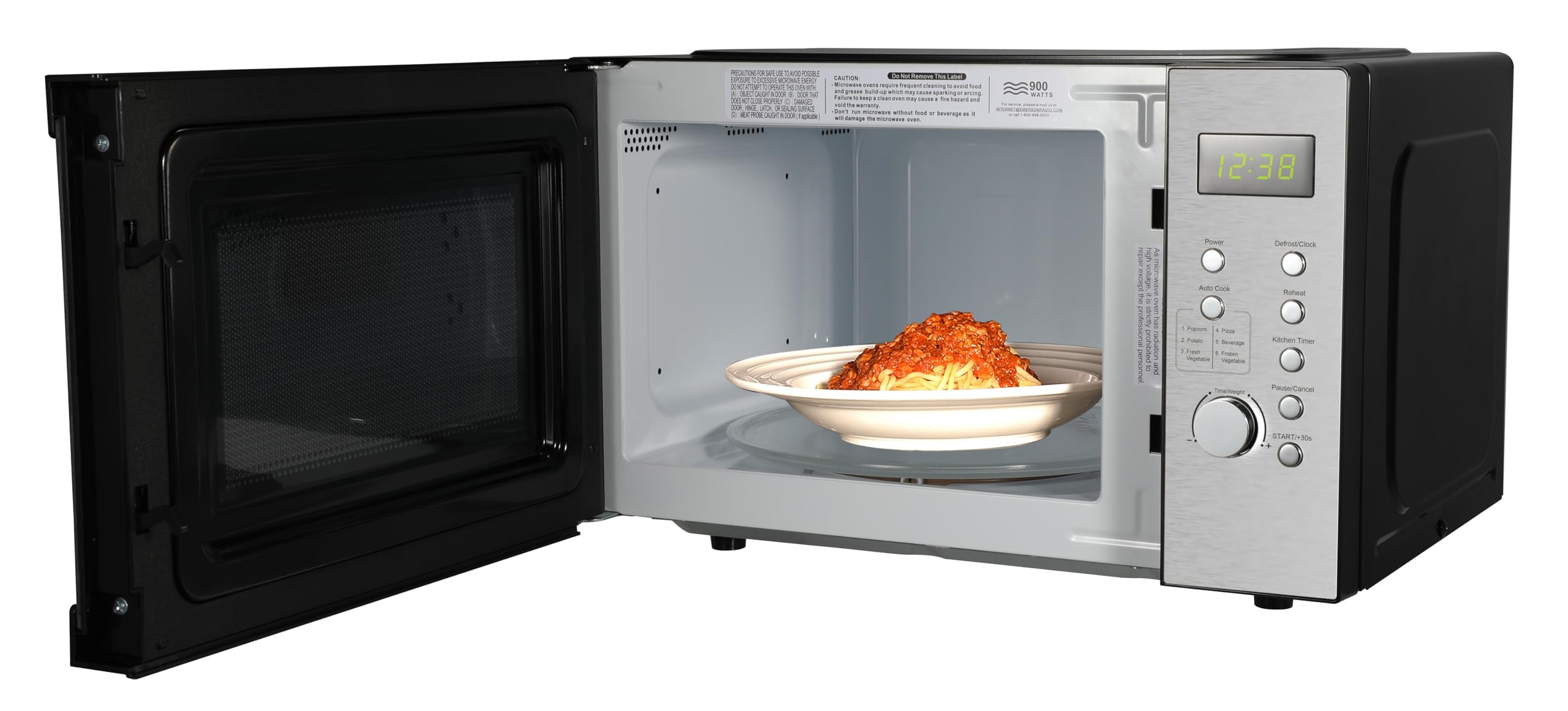 MW9005SS - Horno microondas compacto para encimera con control de botón, pantalla LED, 900 W, 5 niveles de potencia, 6 menús automáticos, plato giratorio de vidrio y cerradura segura para 3