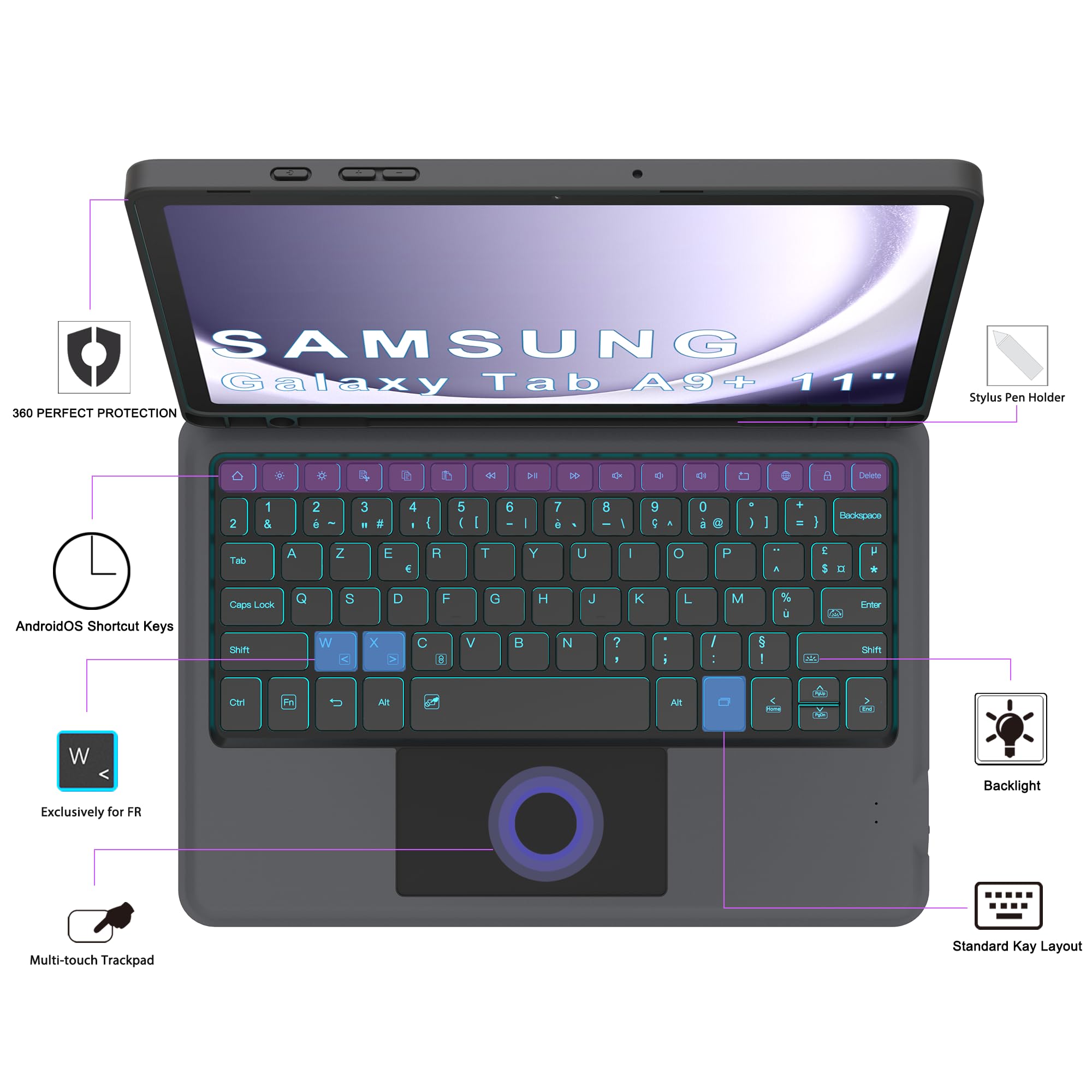 Custodia tastiera AZERTY francese per Samsung Galaxy Tab A9+ Plus 11 pollice 2023 | Retroilluminato 7 Colori Touchpad, Rimovibile, Magnetico, Portapenne Custodia Protettiva TPU Viaggio Studente