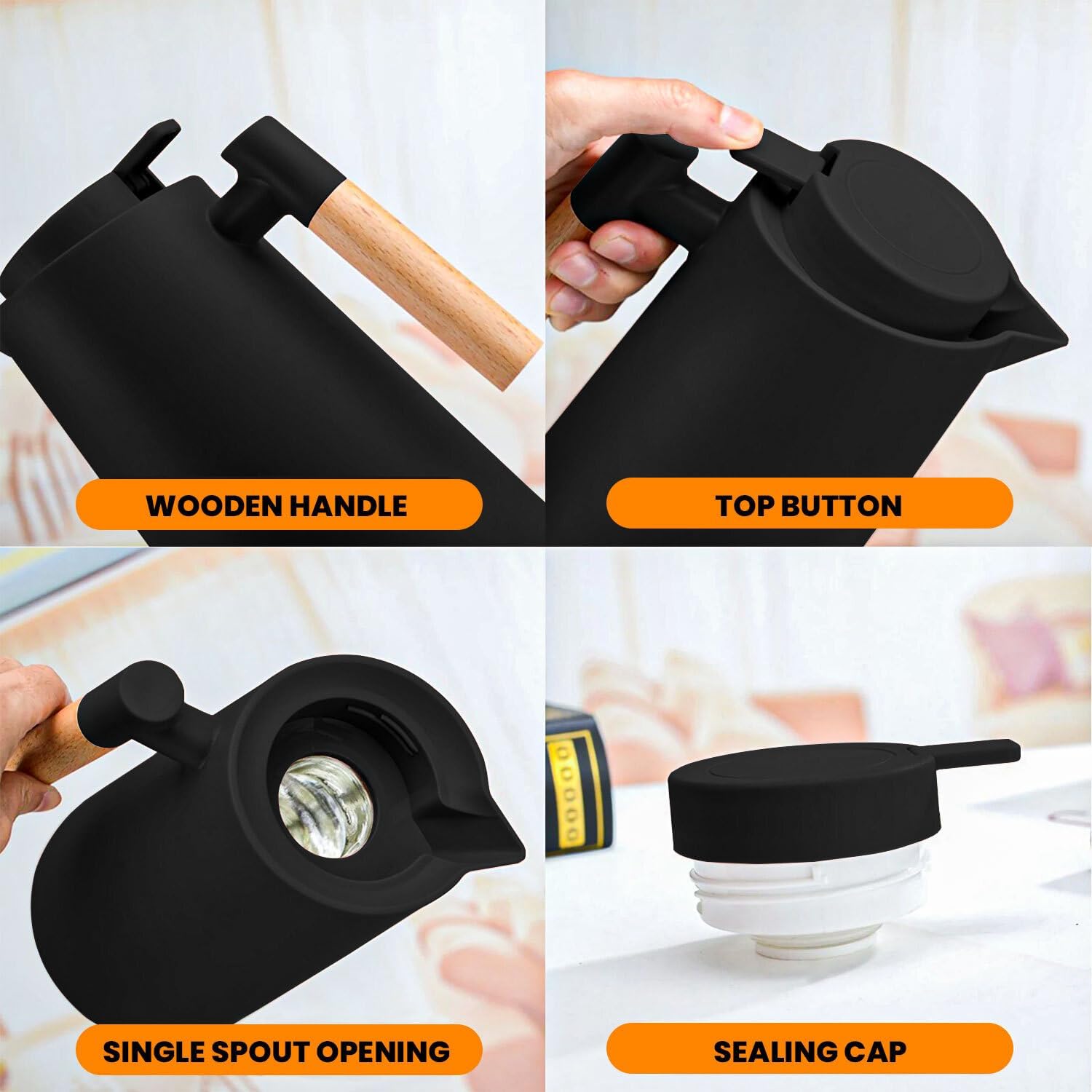 Coffee Carafe with Handle and Cleaner Brush - Coffee Carafe (urn)- Coffee Dispenser - 24 Hours Hot Double Walled Flask for Hot Water, Tea, Coffee - 33.81 Oz (1L) (Black) - Image 2