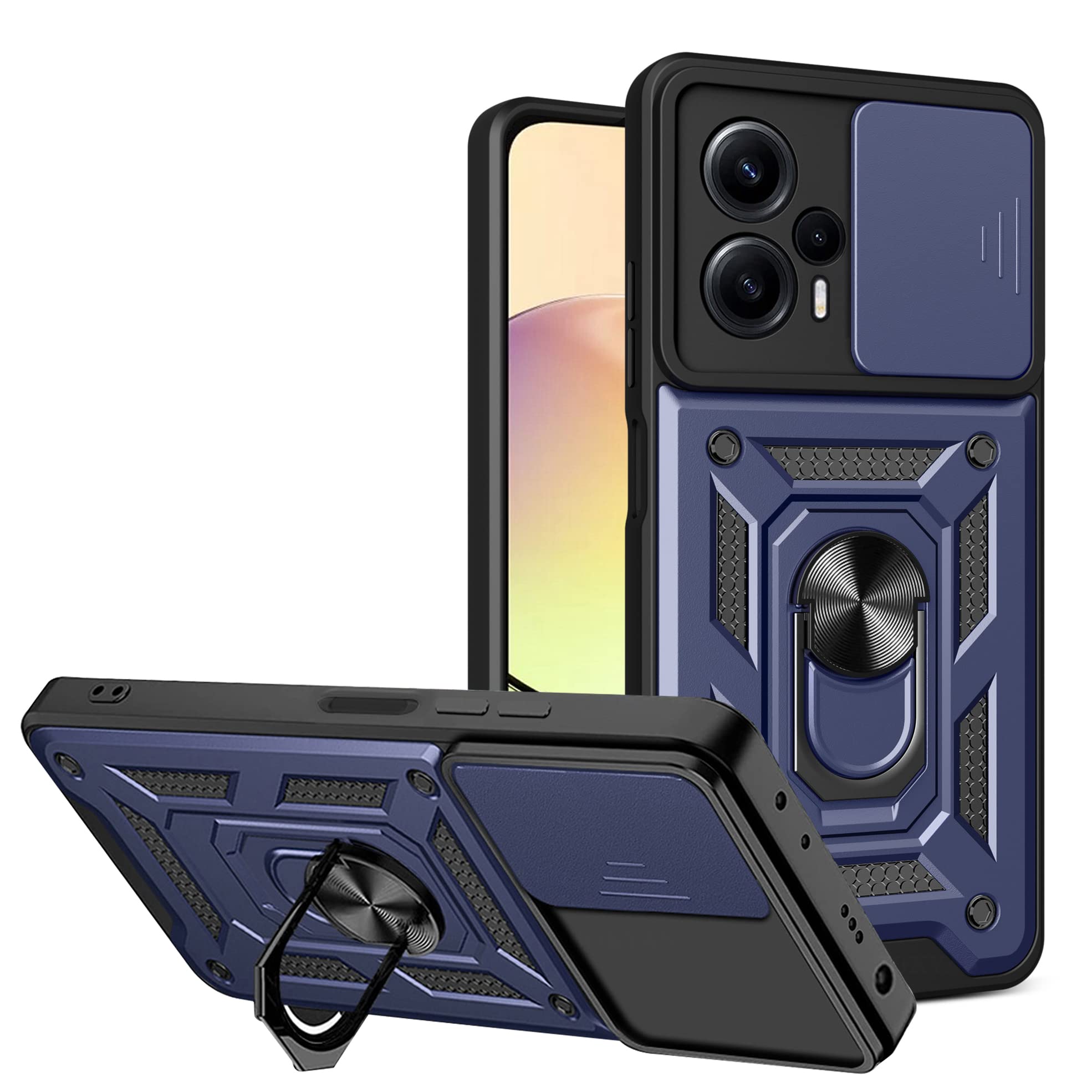 Custodia Per Xiaomi Poco F5 5G Con Protezione Fotocamera Scorrevole E Anello Supporto - Anti-Caduta, Compatibile Magnetico Auto - Oro - 2