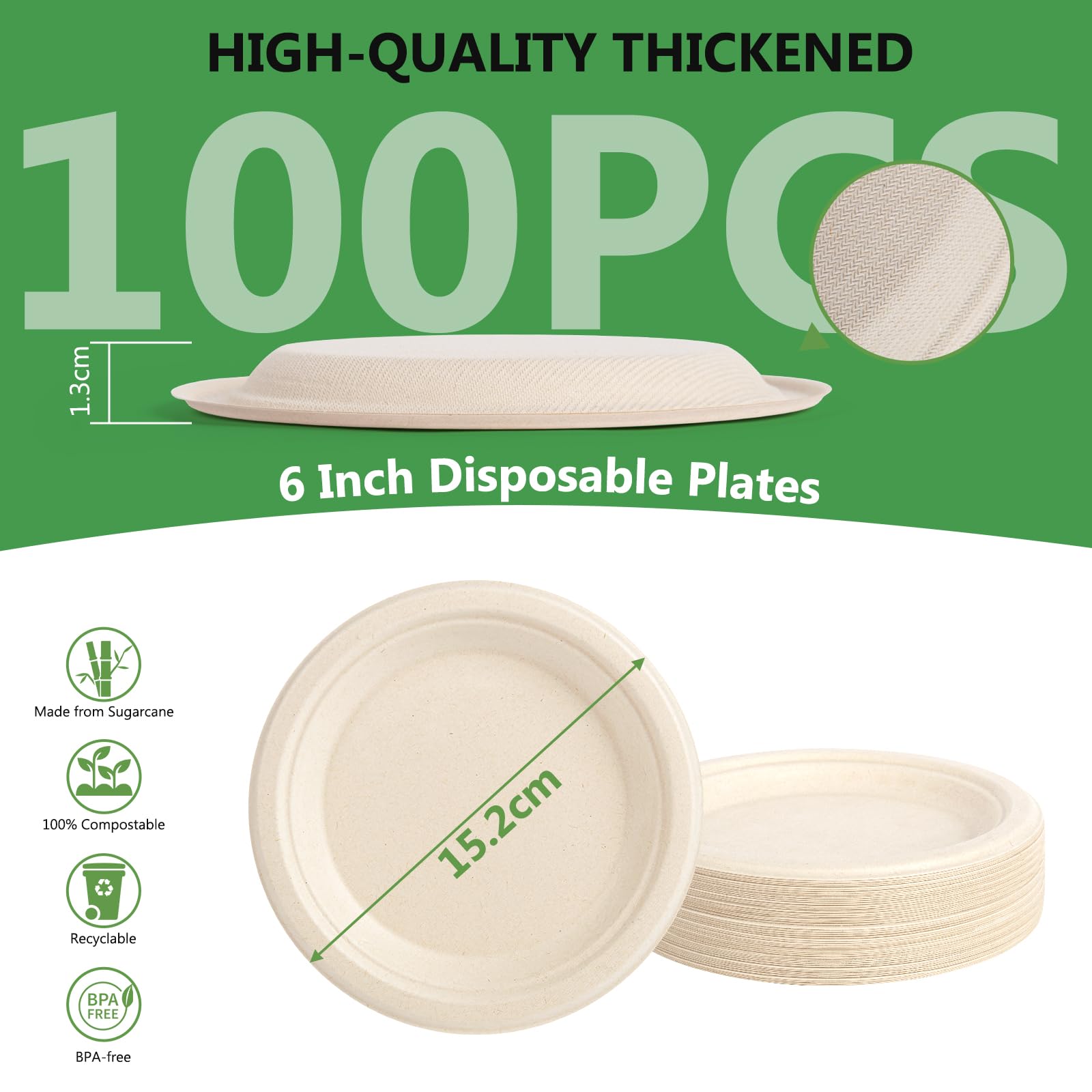 Piatti di Carta 100 Pcs, Piatti Rotondi Usa e Getta Biodegradabile e Compostabile, Piatto Stoviglie di Carta per Compleanno Feste Campeggio Barbecue Picnic (Colore del legno, 15.2 cm)