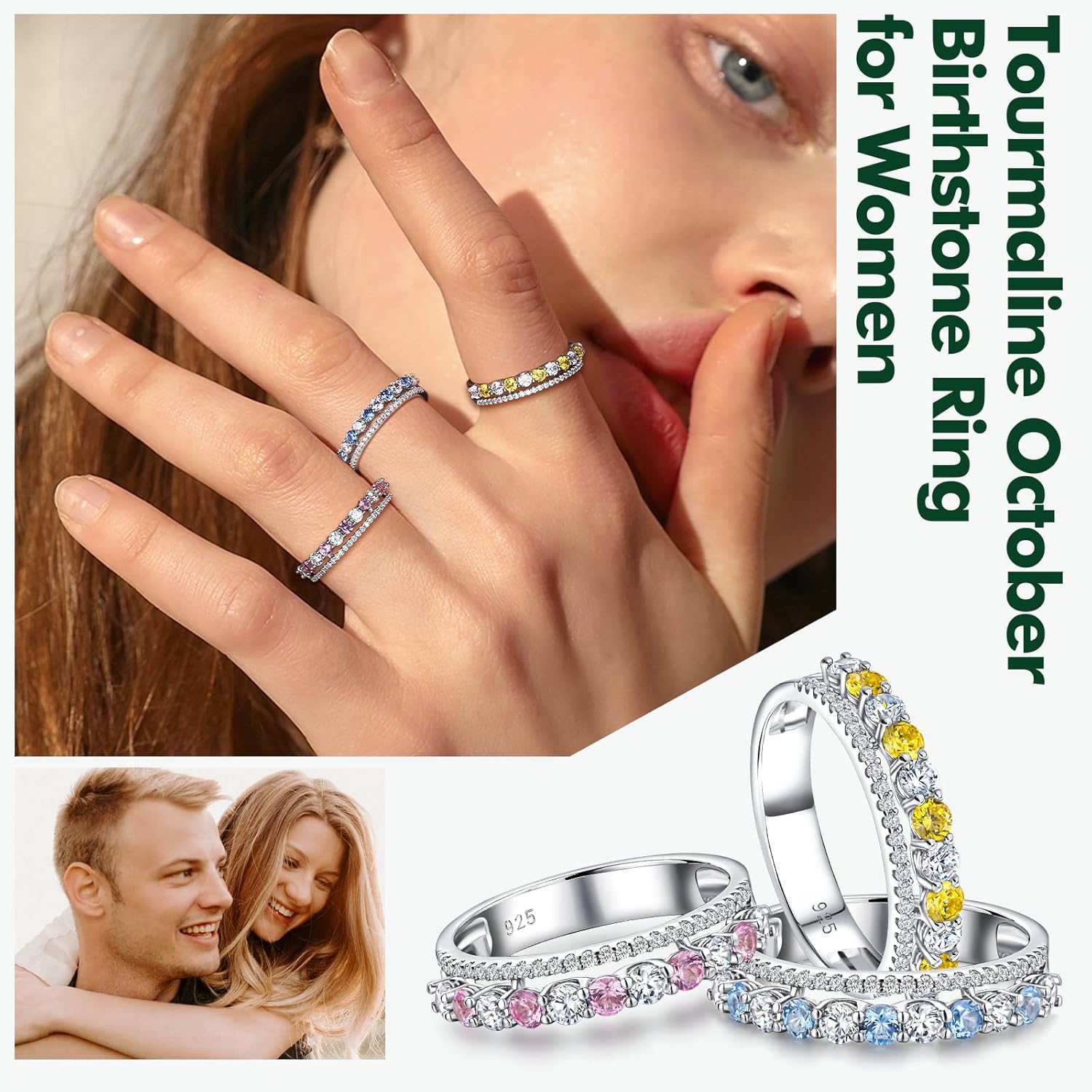 Women's Half Eternity Band 5mm Thick Double Band Ring Sterling Silver Gemstone Diamond Anniversary Ring Stackable Birthstone Rings Size 6-10 (with Gift Box) - Image 2