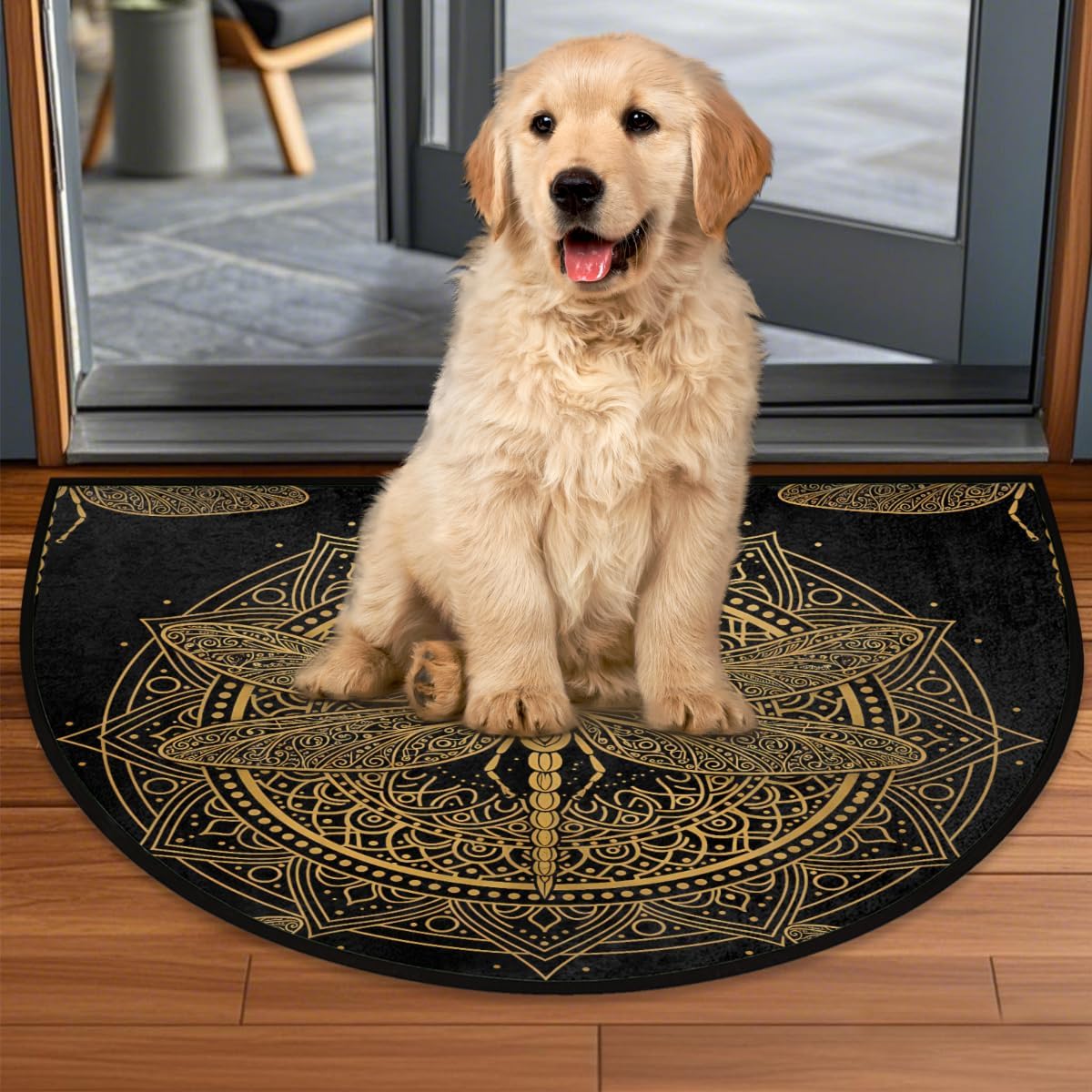 AUUXVA Vintage Half Round Rug - Dragonfly Mandala Design, Non-Slip Boho Kitchen Sink Floor Mat, Indoor Entryway Welcome Mat for High Traffic Areas, Fireplace Hearth Rug
