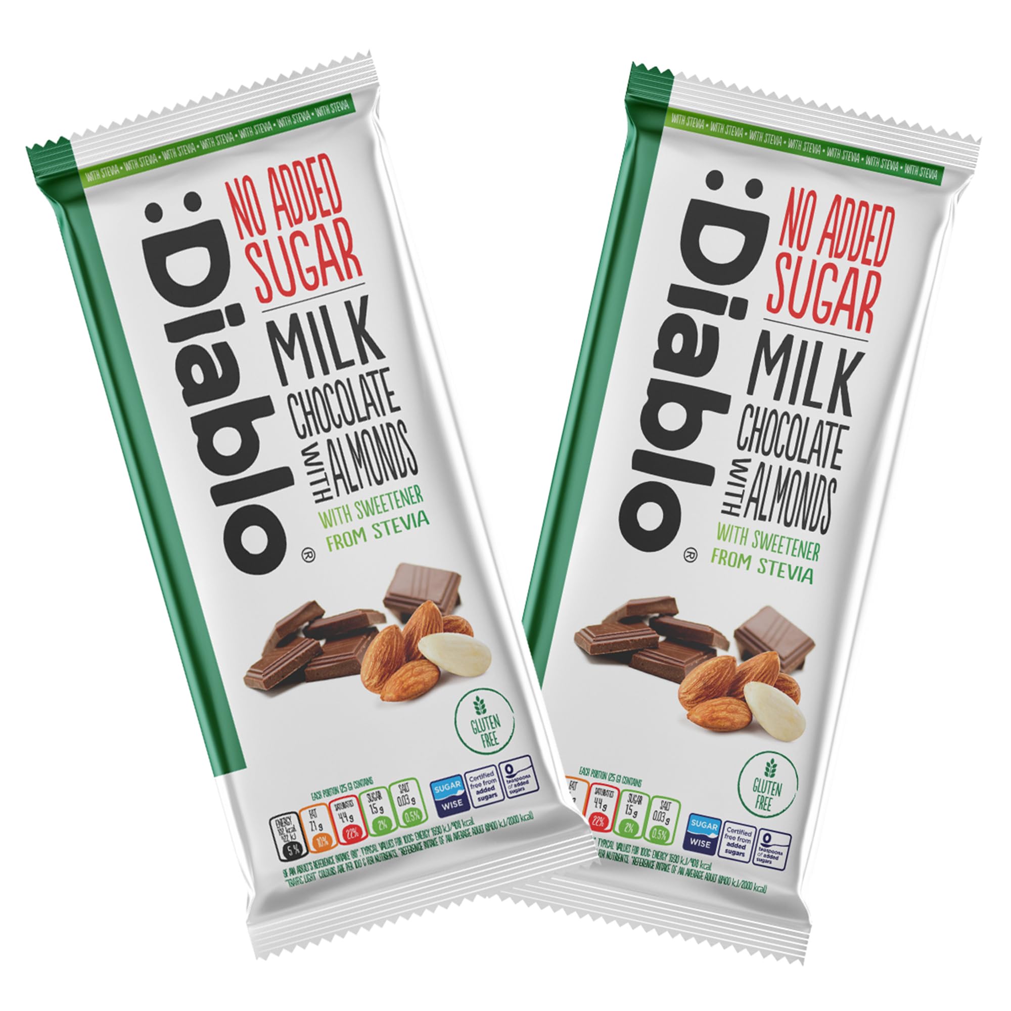 Diablo No Added Sugar Chocolate Bar – Milk Chocolate with Almonds, Sweetened with Stevia, Gluten Free, Ideal for Any Occasion, Birthdays, Valentines, or Gift Hampers, 75g (Pack of 2)