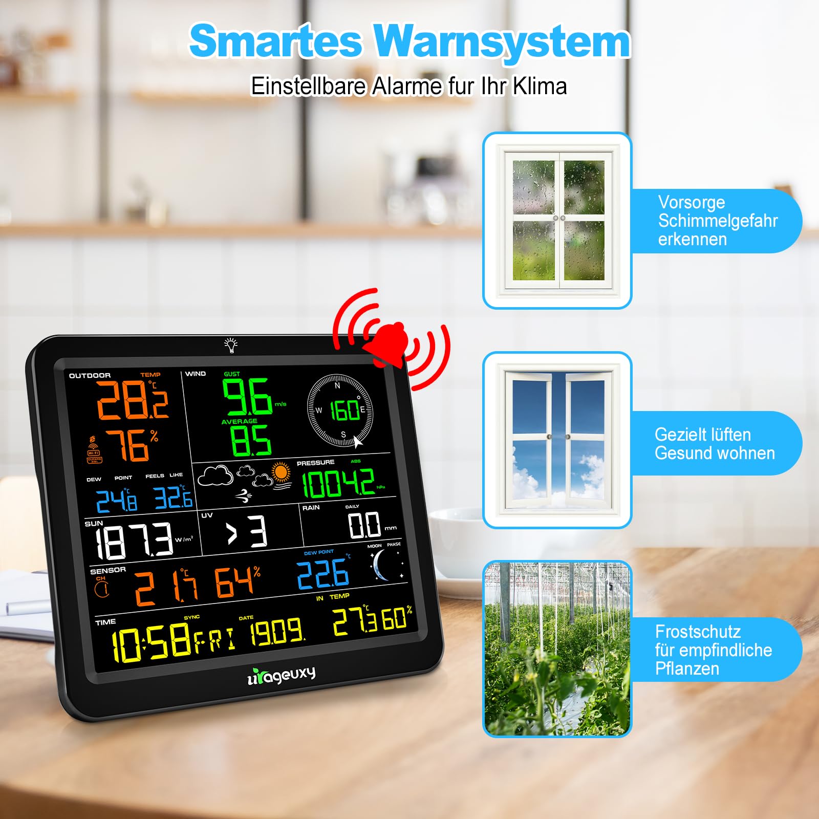 Urageuxy WLAN Wetterstation mit Außensensor, 8,8" Farbdisplay, 7-in-1 Sensor für Wind, Regen, UV, Temperatur, Luftfeuchtigkeit, Luftdruck, Wettervorhersage, bis zu 8 Thermo-Hygrosensoren