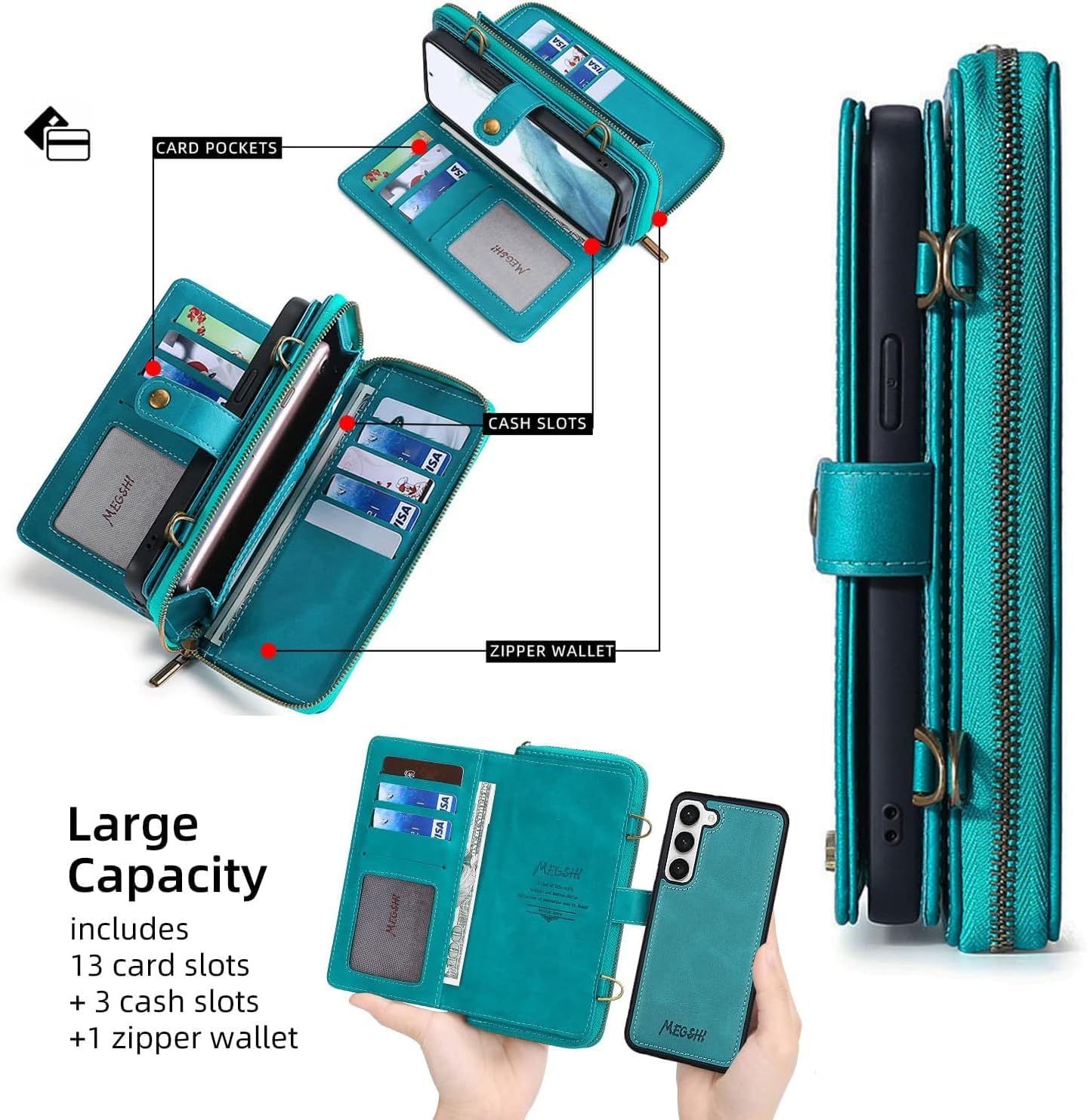 Detachable 2 in 1 Wallet Case for Samsung Galaxy S25 5G with Detachable Wrist Strap,Crossbody Shoulder Strap, 9+ Card Slots Zipper Purse,Stand Cell Phone Cover for S 25 25S G5 Blue