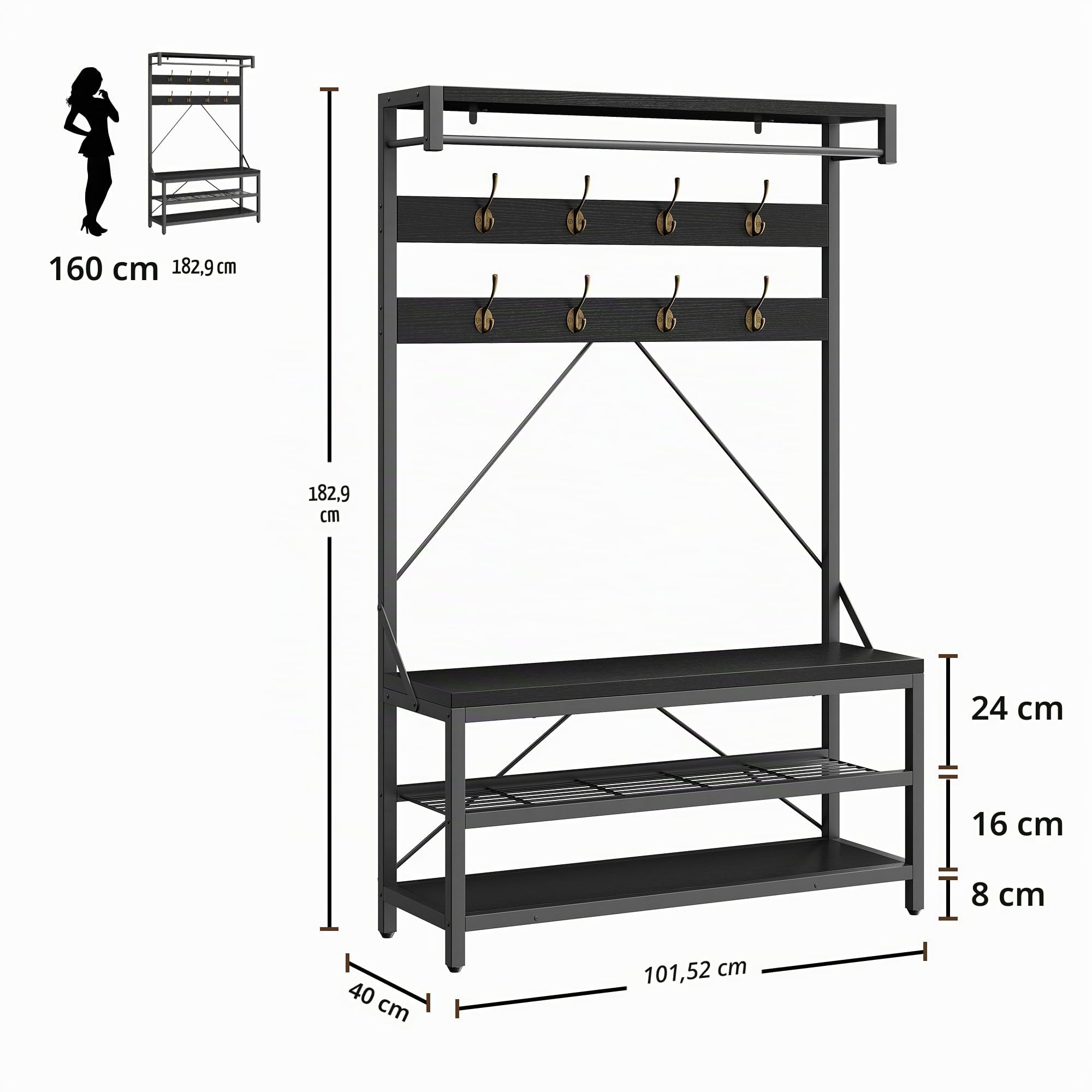 Garvee Perchero Grande de Entrada y Recibidor, Perchero con Banco y Almacenamiento para Zapatos,Industrial con Barra para Colgar y 8 Ganchos, para Recibidor o Pasillo, 102×40×183 cm (Negro)