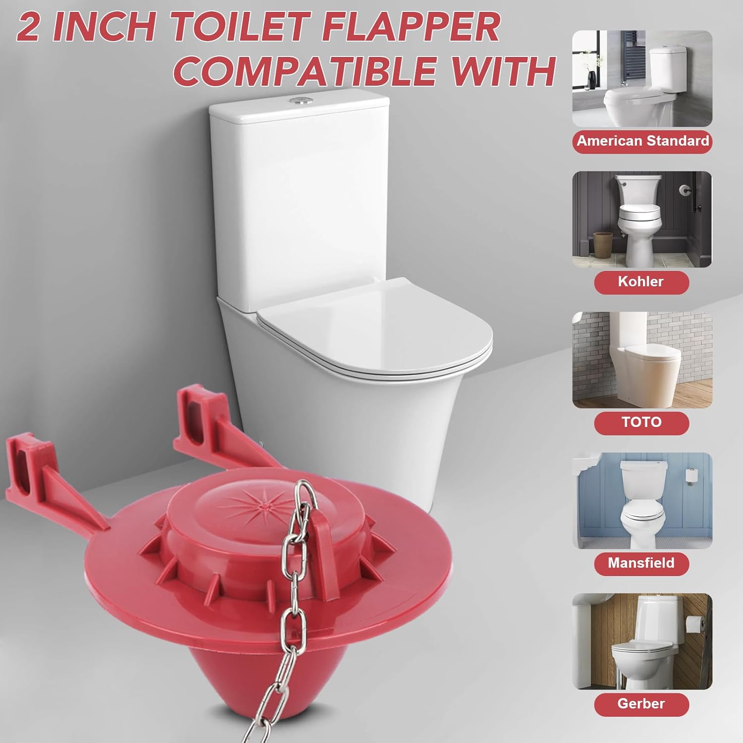 2 Pack 2-Inch Toilet Flapper Replacement Kit – Fix Running Toilets & Ghost Flushing, Fits Most 2" Flush Valves (NOT 3"), Compatible with Kohler, TOTO & American Standard, Durable Rubber Seal, Red