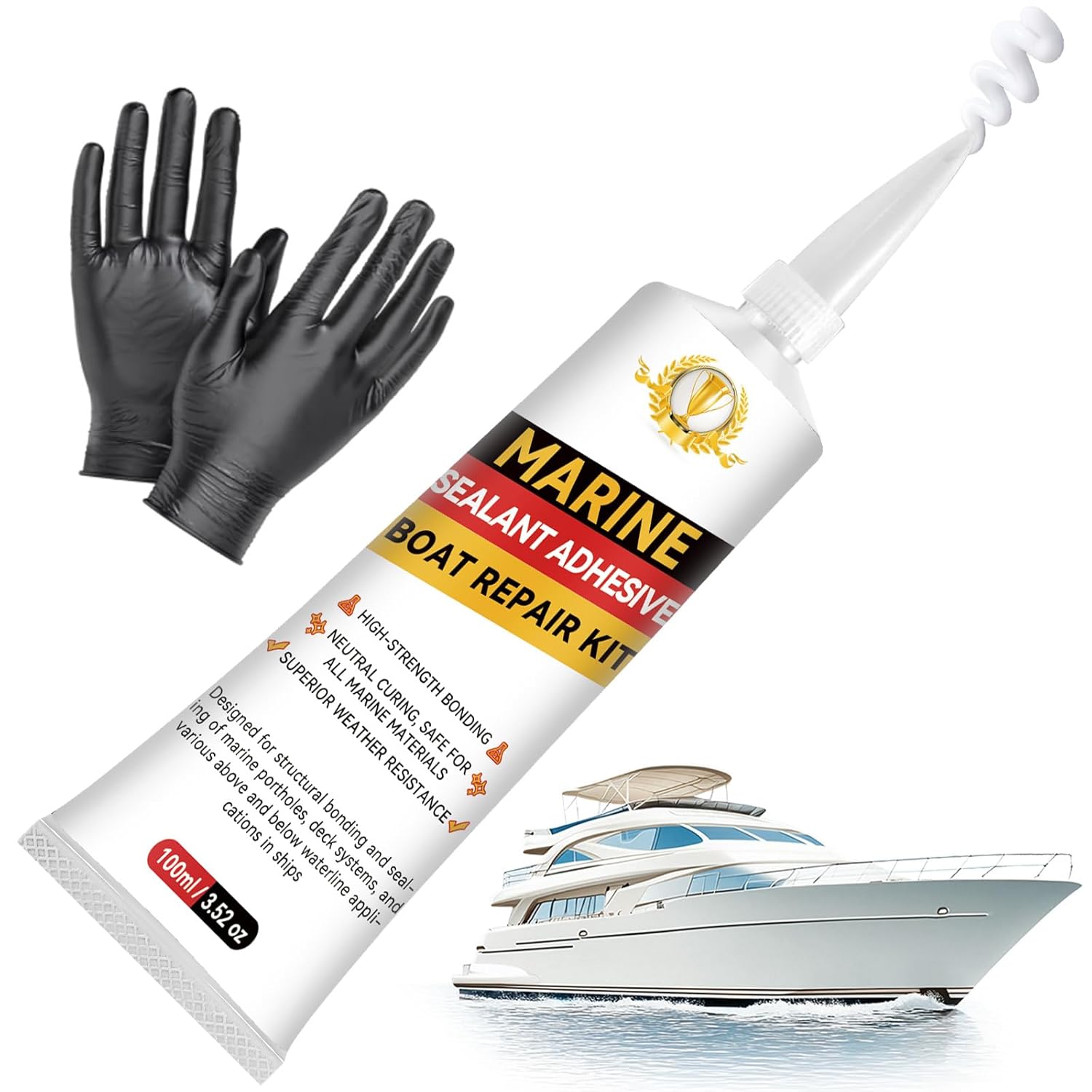 Marine Adhesive Sealant, Permanent Marine Silicone Sealant, Waterproof, High Bond, UV Resistant, Fast Cure, Marine Glue for Boats, Hulls, Decks, RVs, Above & Below Waterline-with Gloves, White