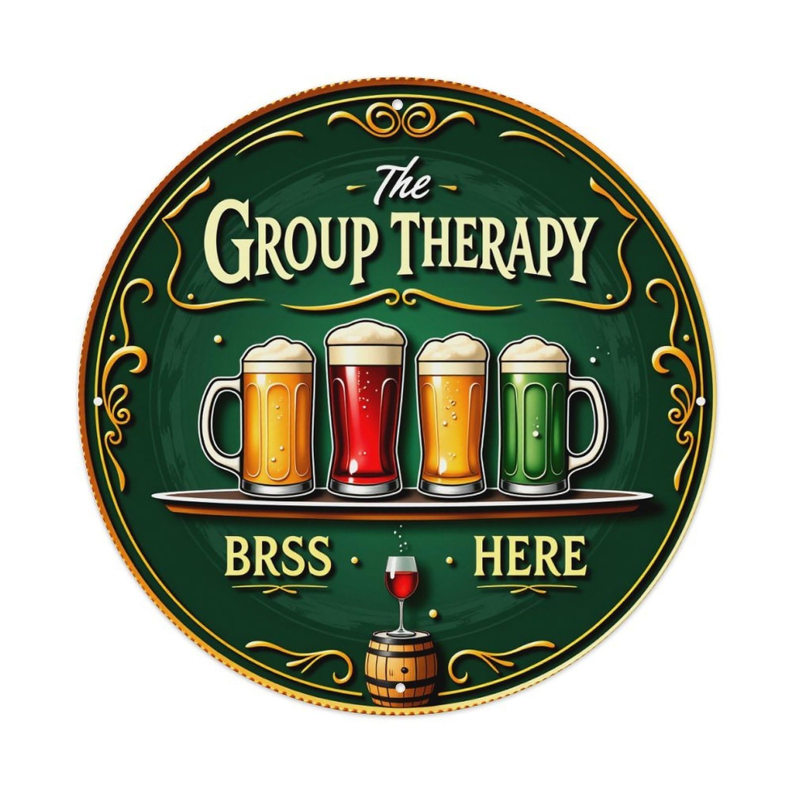 The Group Therapy Beer Mugs Barrel Vintage Metal Tin Sign Retro Wall Decor for Home Bar Garage Cafe, Indoor & Outdoor Decorative，circle Metal Poster, 8x8 Inch