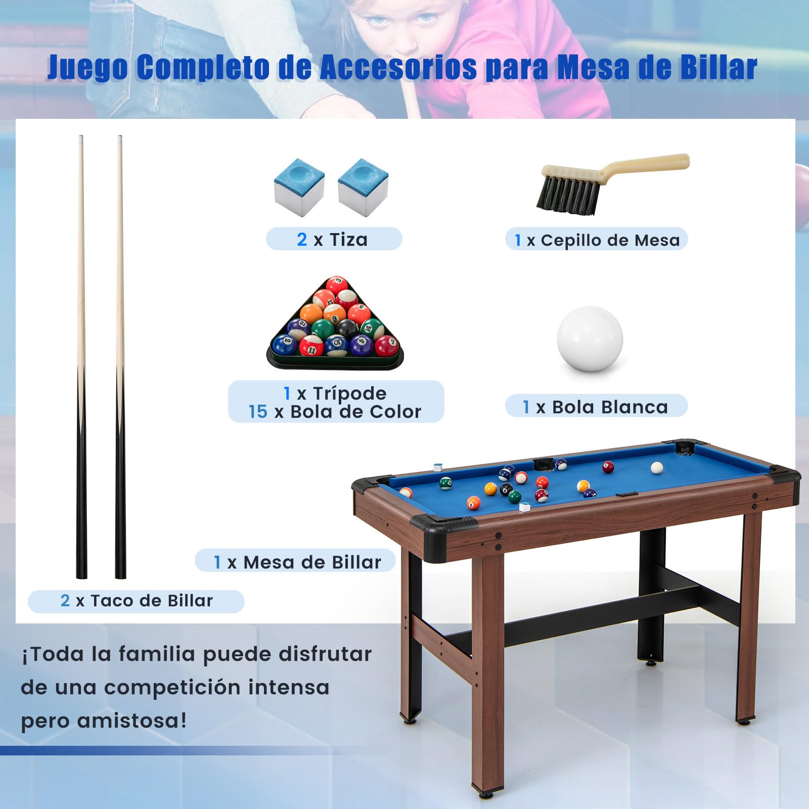 COSTWAY Mesa de Billar para Niños y Adultos, Mesa de Madera con Juego de Bolas, 2 Palos de Billar, 2 Tizas, Triángulo, Cepillo, para Sala Bar Gimnasio, 122 x 61 x 76 cm