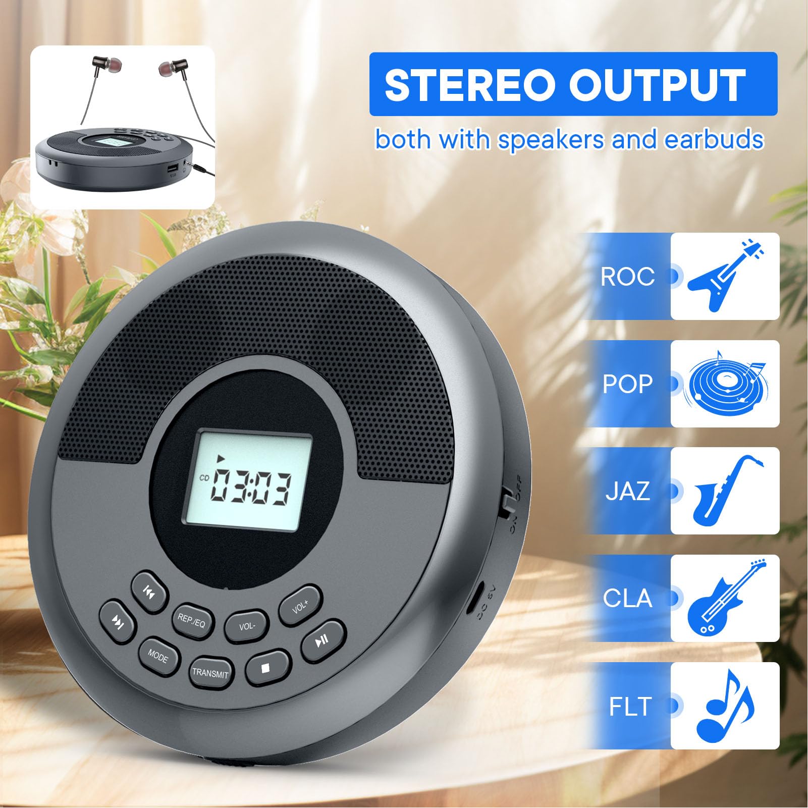 Lettore CD BT, Lettore CD MP3 Portatile, Design con Doppio Altoparlante USB BT, Lettore Dischi Ricaricabile per Viaggi in Auto a Casa All'aperto