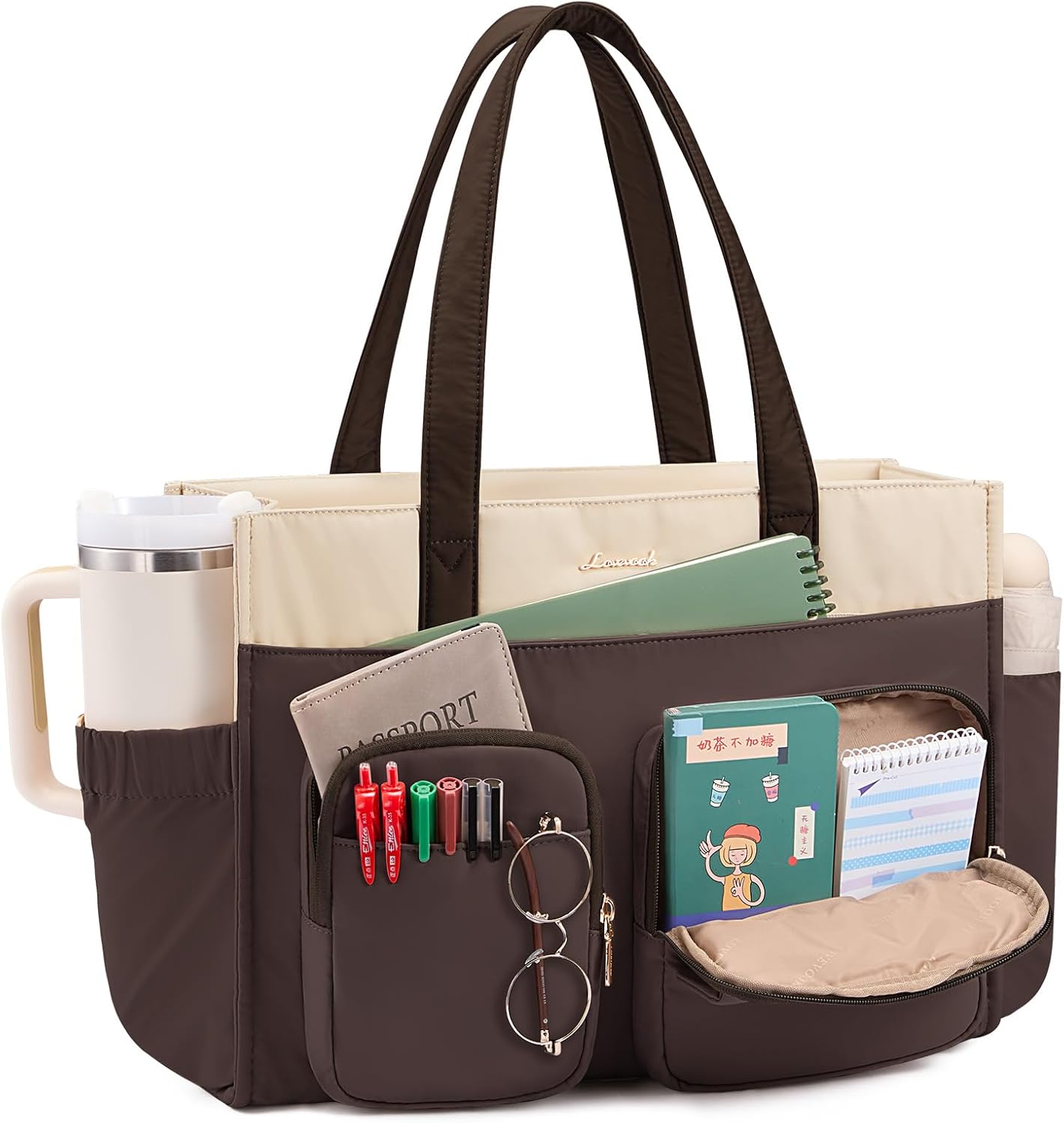 LOVEVOOK Teacher Tote Bag for Women,Multi-pocket Laptop Bag with Large Cup Holder,Nurse Bags Work Travel Computer Handbag