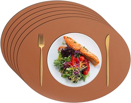 Oval Placemats for Dinning Table, Faux Leather Placemats Heat Resi-stant Table Mats for Farmhouse Restaurant Hotel Color Brown, Size Set of 6
