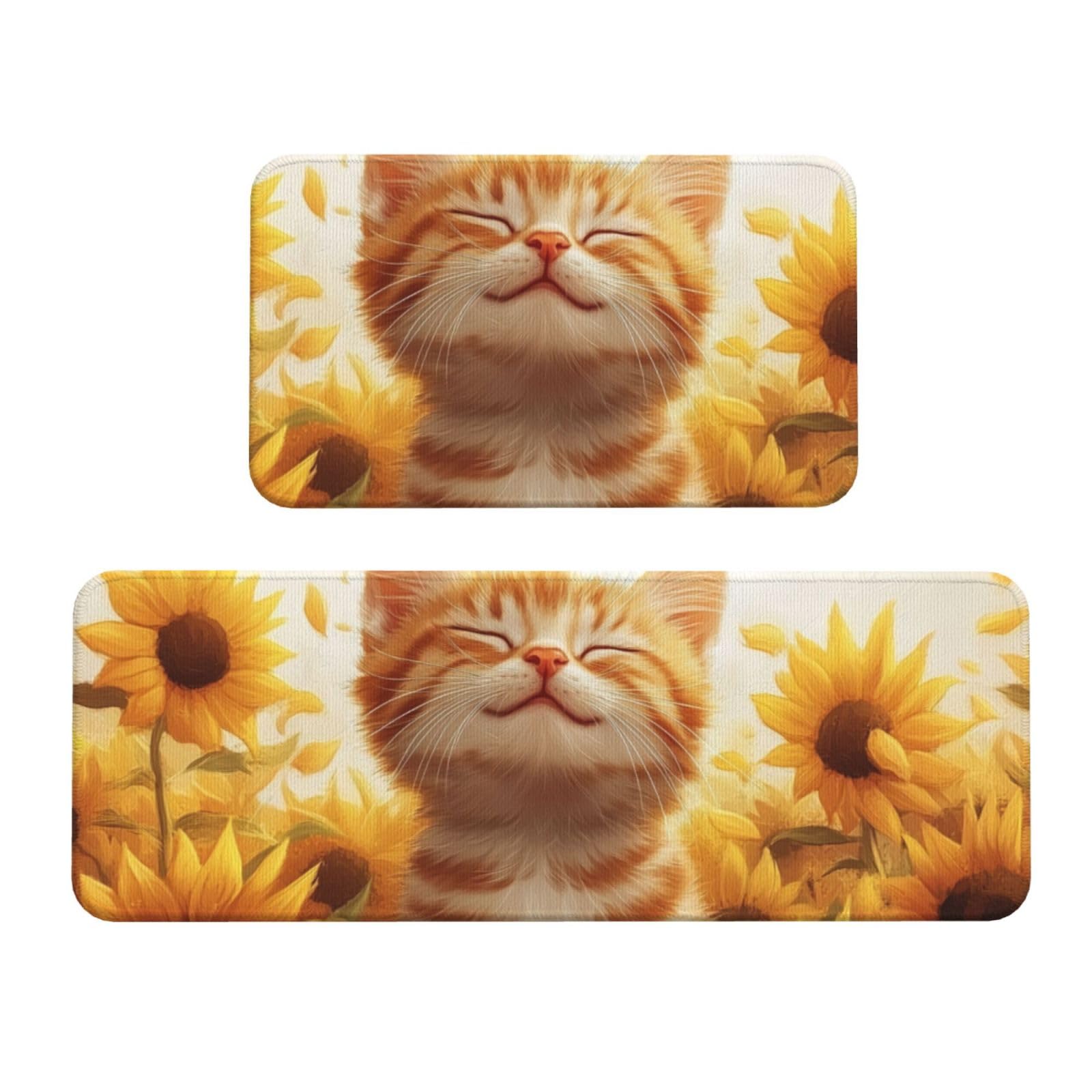Lot de 2 tapis de cuisine antidérapants chat et tournesol 43x120 + 43x75 cm