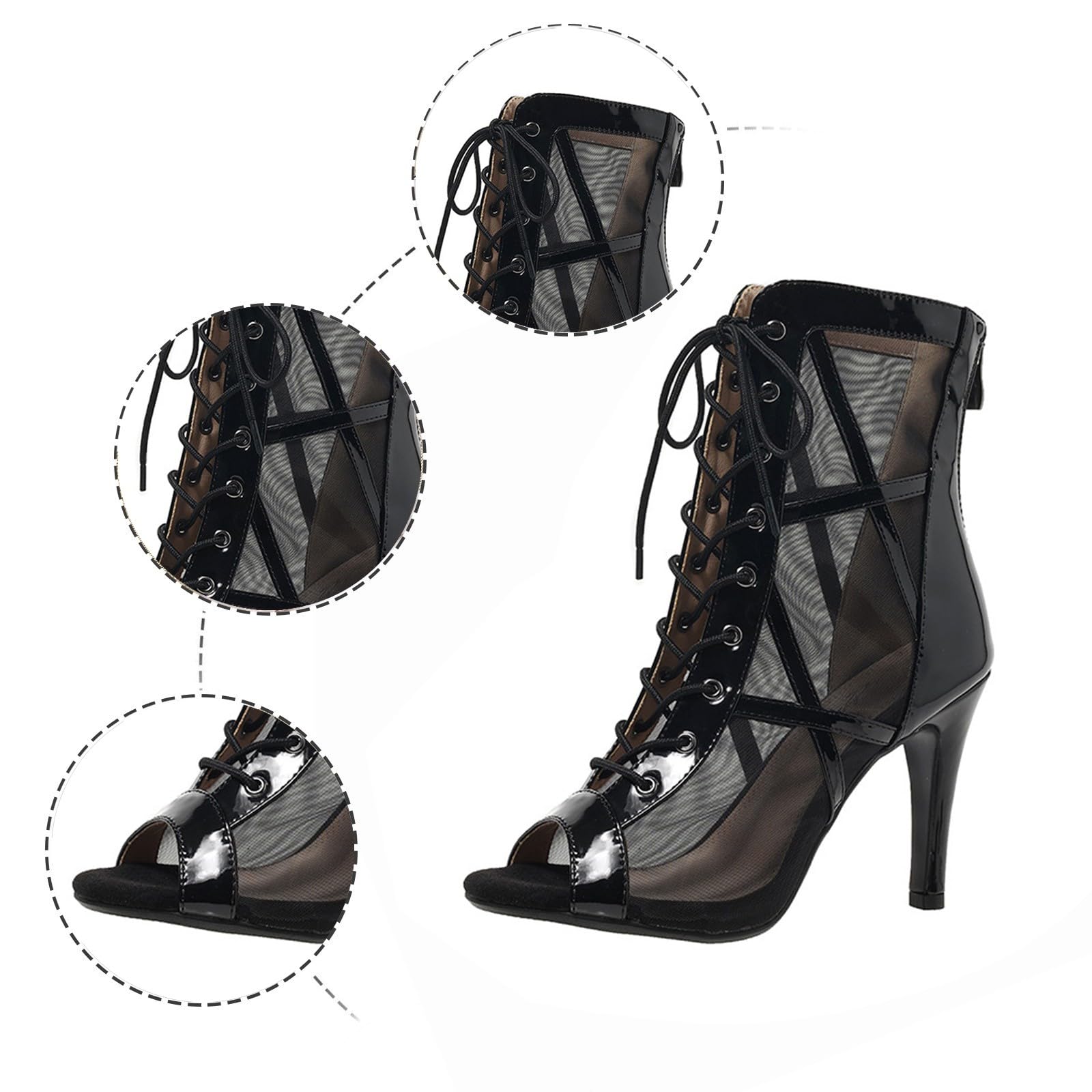 Chaussures de Danse Femme Latine Talons Bout Ouvert Lacets Salle de Bal Salsa Bachata Danse Bottines Talon 7 cm