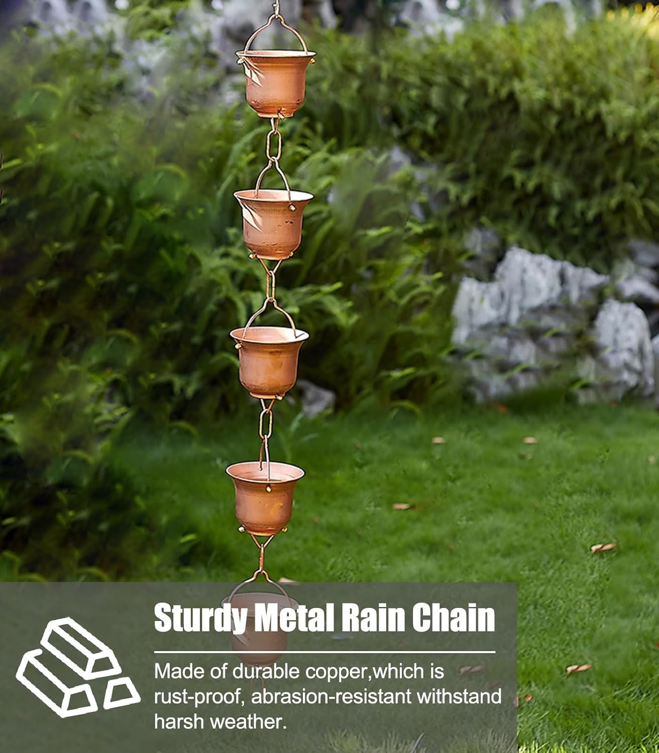 Rain Chain Tea Cup Copper Rain Catcher with 5 Cups/m, Adjustable Divert Water Rain Drain Chains, Hanging Decoration Rain Chains for Rain Gutter (Size : 1 m (3.2ft))