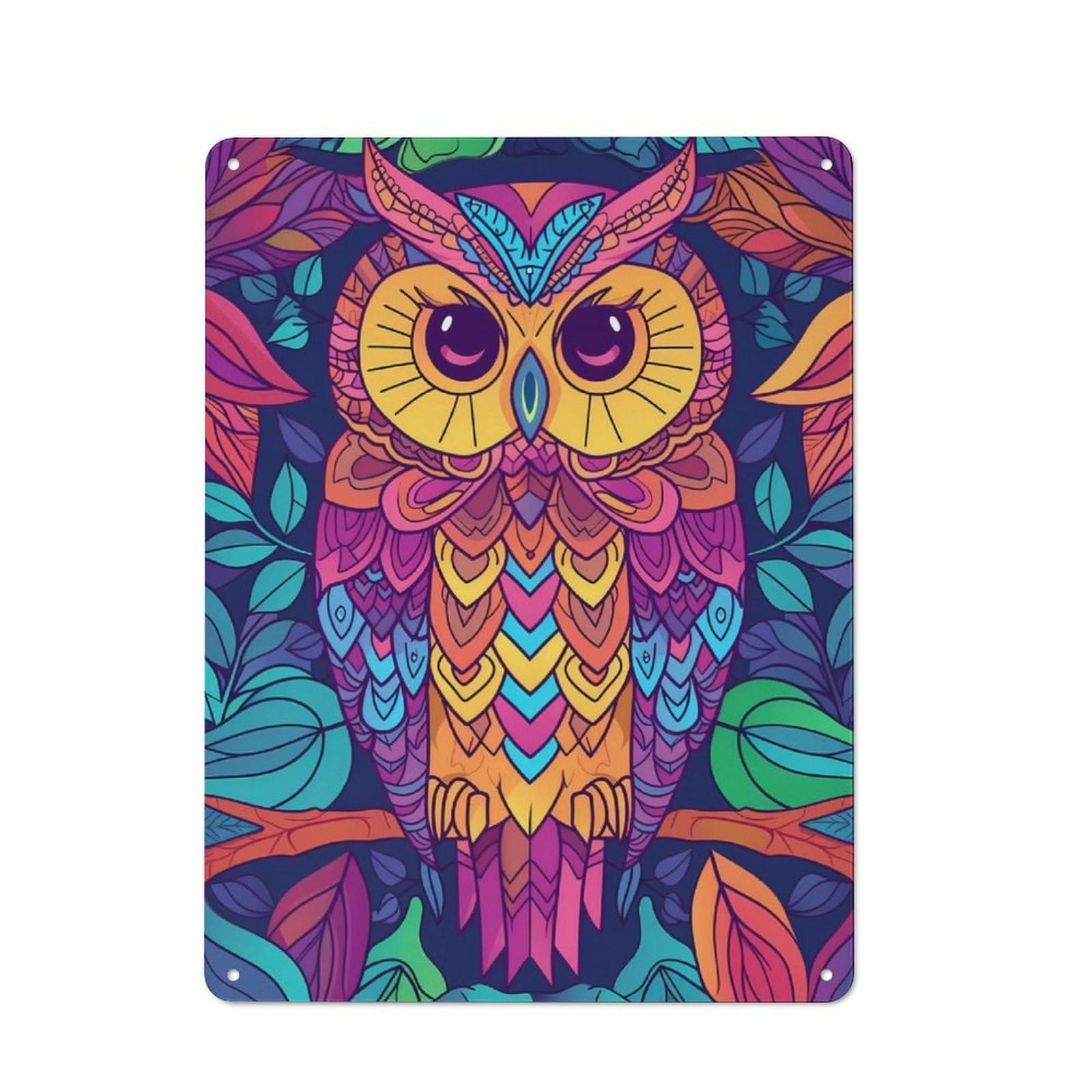 Junmoney Vibrant Abstract Owl Metal Sign 40X30cm With For Hallway Wall, Vintage Decor, For Garage, Workshop And Man Cave Decoration