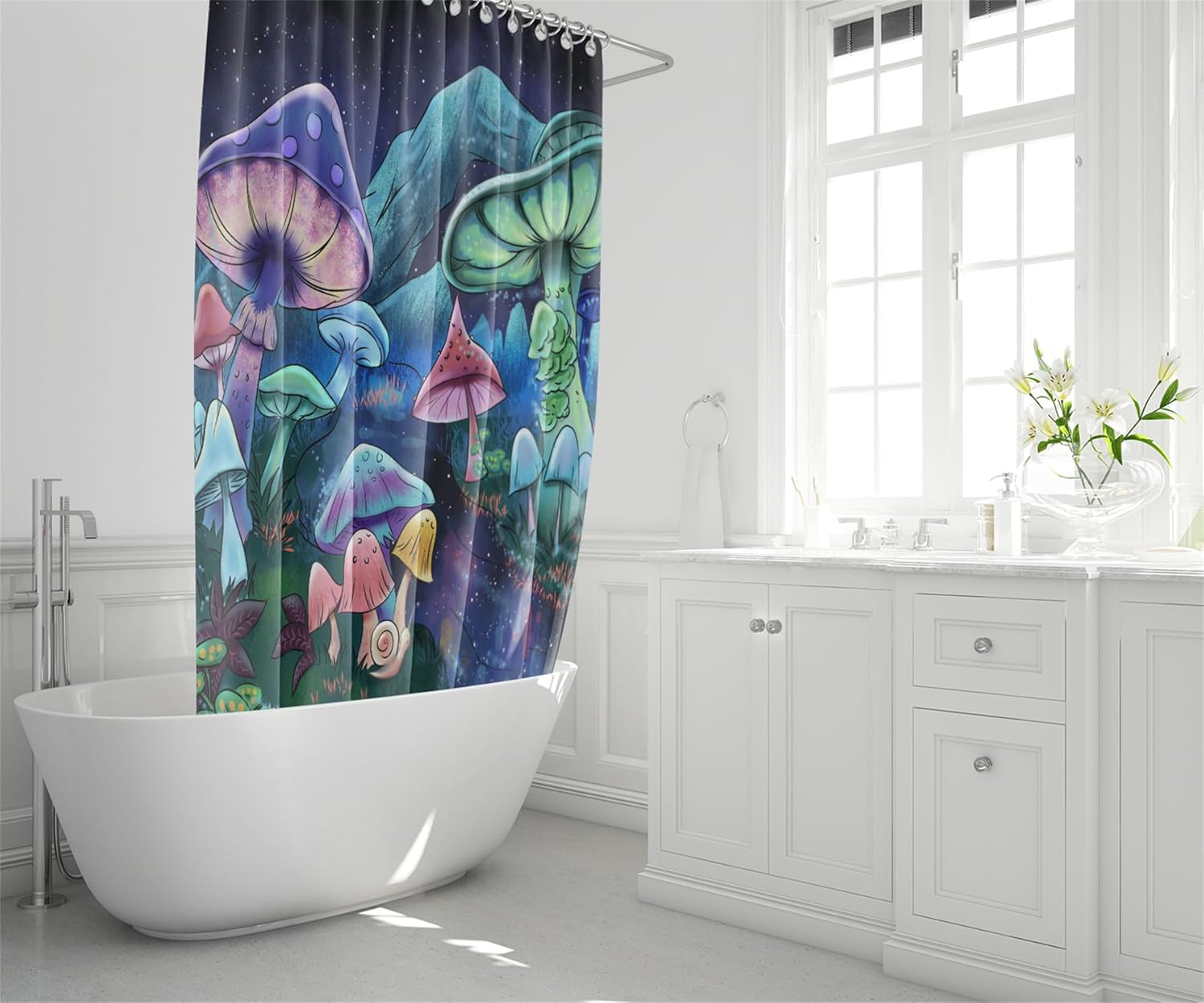 Mushrooms Shower Curtain Set 4 Pieces Fairy Forest Theme Fantasy Cartoon Curtain Set Girls Boys Teens Bathroom Decor Polyester Curtains with 12 Hooks Toilet Rug Bath Mat, 70" x 70"