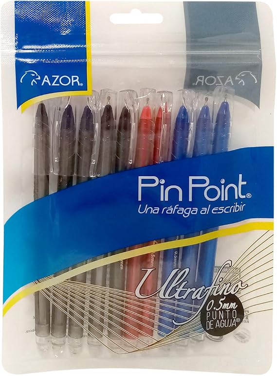 AZOR Pin Point Needle Extra Fine Point Writing Pens 0.5mm Ballpoint Pens Assorted (10 Pack: 5 Black, 3 Blue, 2 Red)