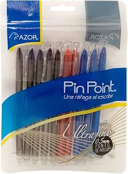 AZOR Pin Point Needle Extra Fine Point Writing Pens 0.5mm Ballpoint Pens Assorted (10 Pack: 5 Black, 3 Blue, 2 Red)