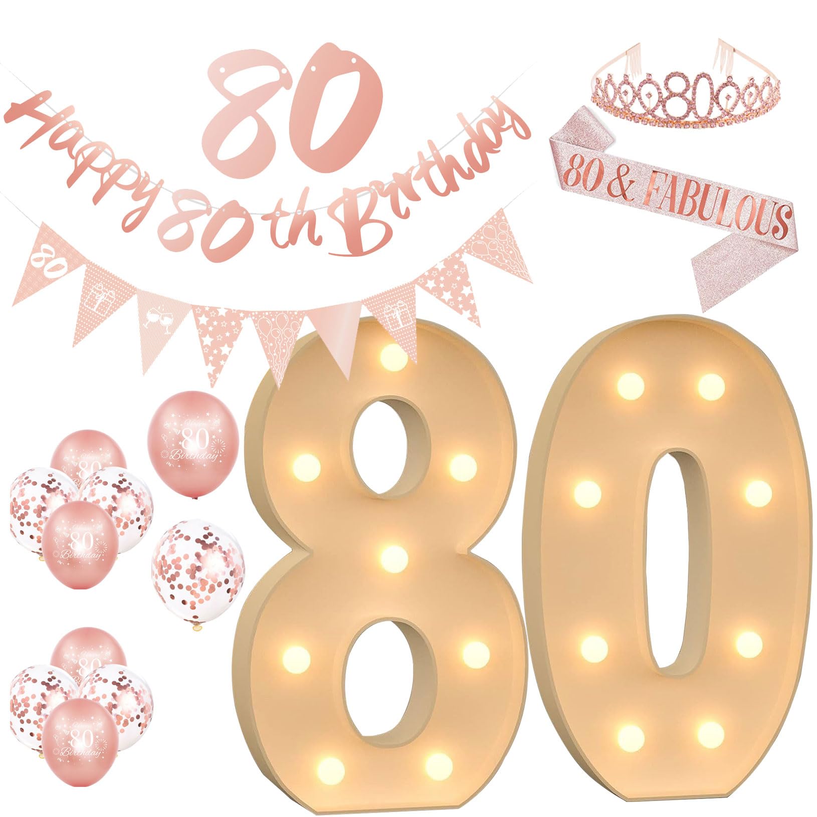 Deko-Set zum 80. Geburtstag, 70 cm, Festzelt, beleuchtete Zahlen, 30,5 cm Happy Birthday-Luftballons, Wimpelkette, Banner, Schärpe und Diadem für Geburtstagsparty-Dekoration