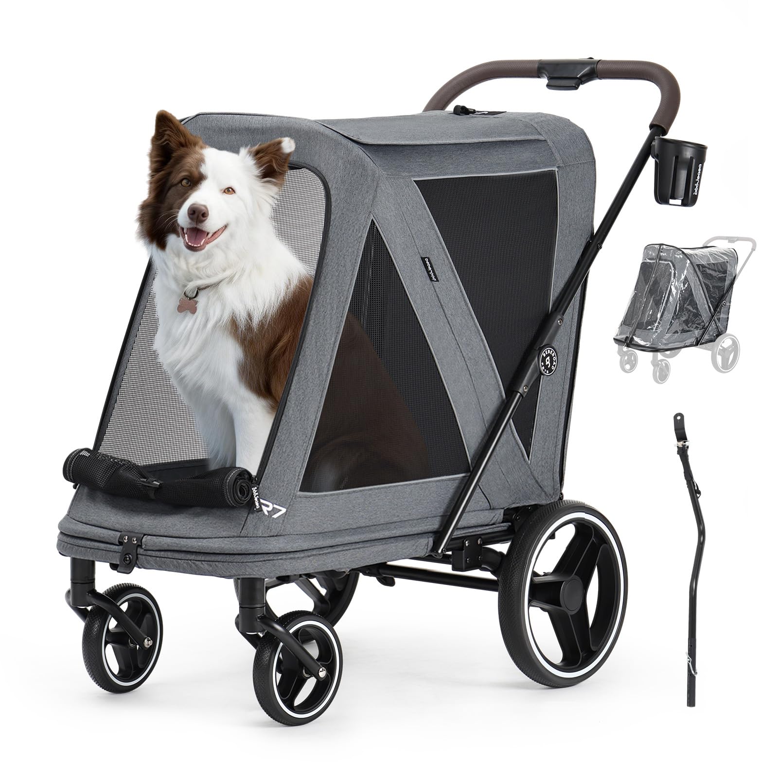 Beberoad 2-in-1-Hundebuggy & Fahrradanhänger für große Hunde, R7 All-Terrain Haustier-Kinderwagen mit ER-Reifen und Stoßdämpfung, Ein-Sekunden-Faltung, 360°-Netz-Belüftung, abnehmbares, waschbares