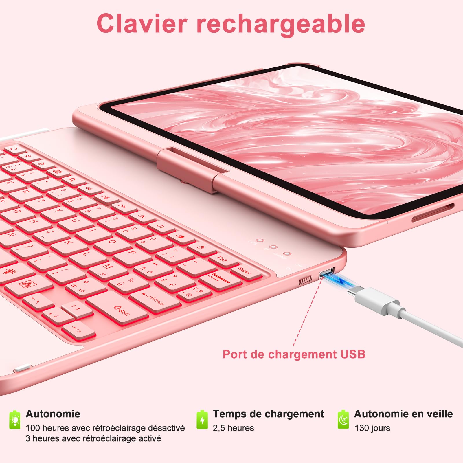 aMZCaSE Clavier pour iPad 10/11 Ème Gen(10.9Pouces 2022/11 A16 2025) avec Housse de Protection Rotative à 360° Porte-Stylet étui Clavier Rétroéclairé 7 Couleurs rétro-éclairé Français (Or Rose)