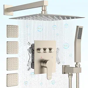 Brushed Nickel Shower System Push Button Shower Faucet Set with Body Spray Jets and Valve 12-inch Rain Shower Head and Handheld Can Use All Function at A Time Wall Mount
