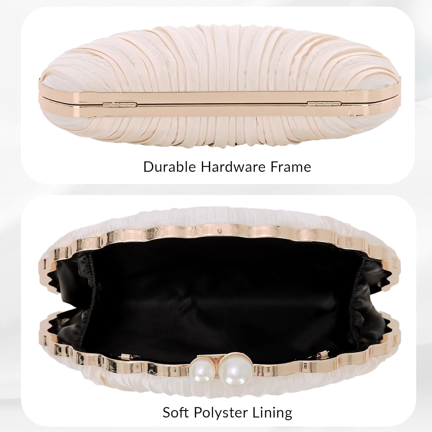 Oweisong Shell Clutch Purses for Women Formal Satin Bride Evening Bag Wedding Dress Handbag with Pearl Chain