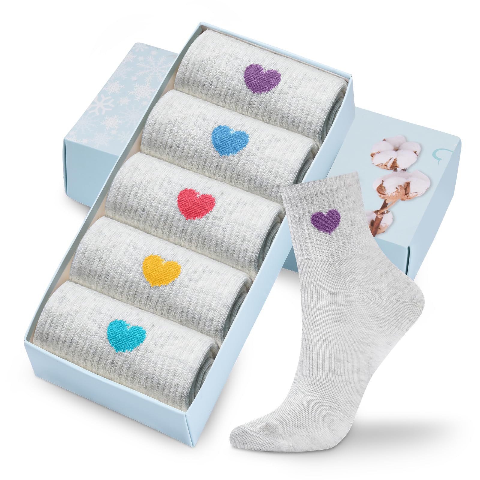 Corlap Women's Cute Cotton Crew Athletic Running Socks - Ankle High, Novelty Fun Heart Design 5-Pairs (Gift Box)