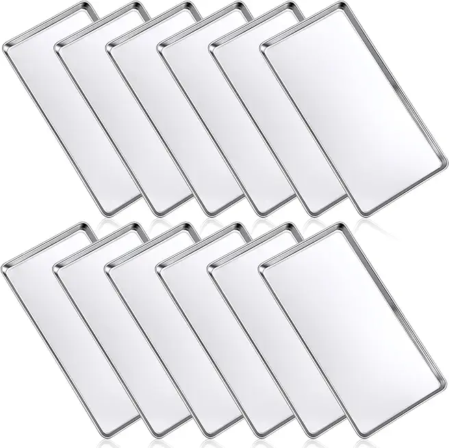 12 Pcs Baking Sheet Stainless Steel Cookie Sheet Small Metal Pans Professional Rectangle Oven Trays Kitchen Baking Cooking Oven and Toaster, Dishwasher Safe (13.5 x 8.4 Inches)